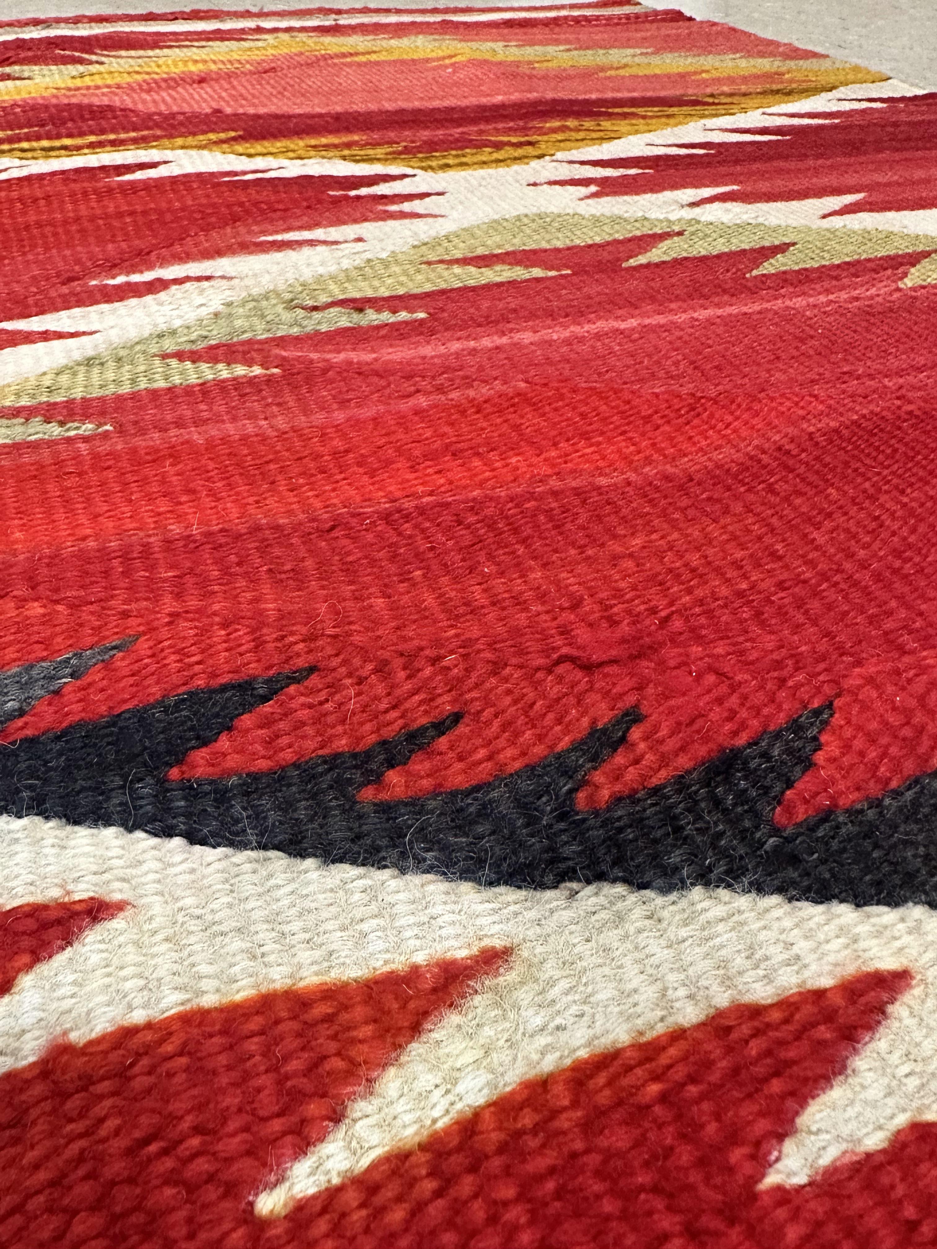 Antique Navajo Carpet, Folk Rug, Handmade Wool, Red, Black, White, Green For Sale 1