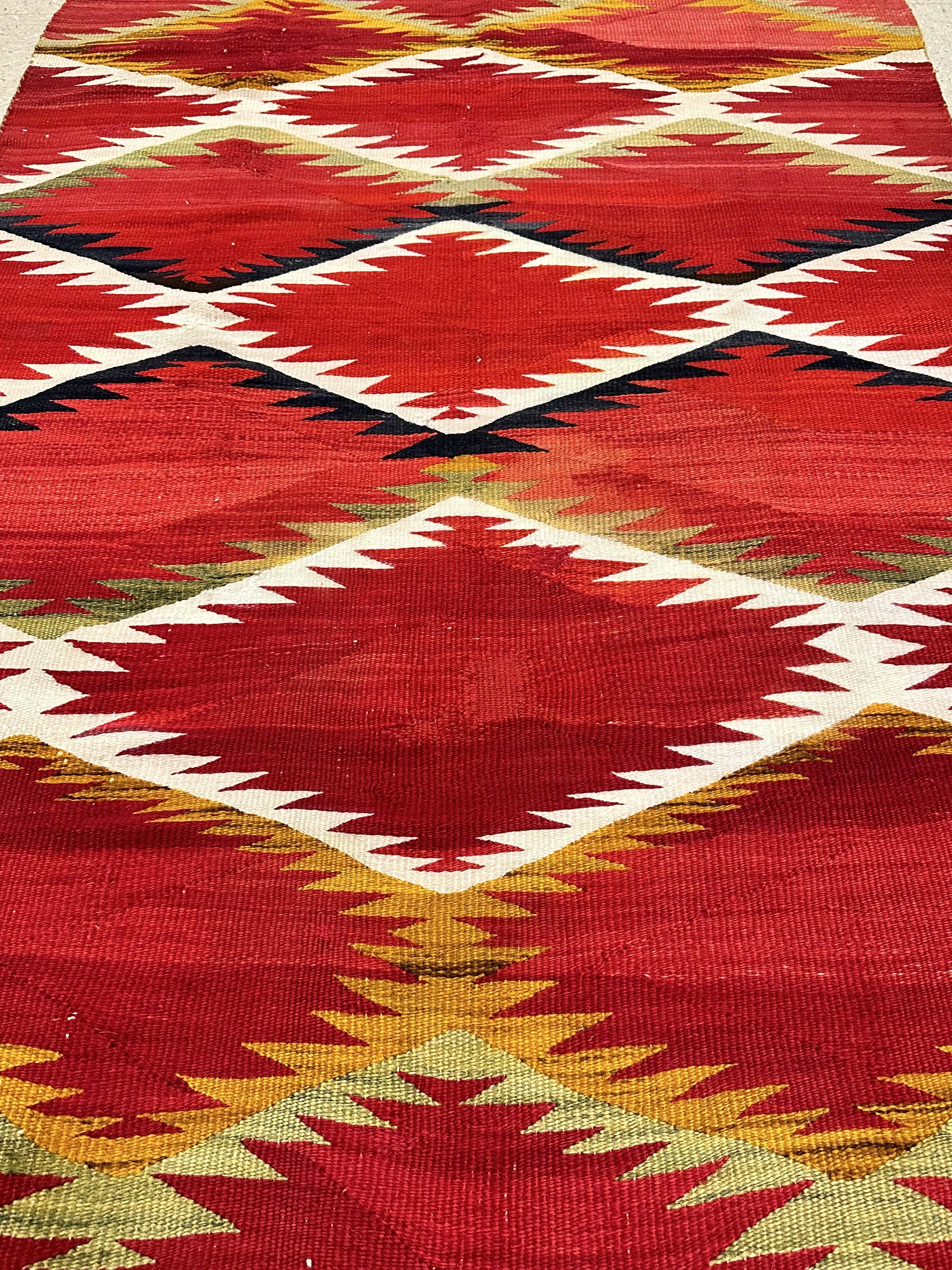 American Antique Navajo Carpet, Folk Rug, Handmade Wool, Red, Black, White, Green For Sale