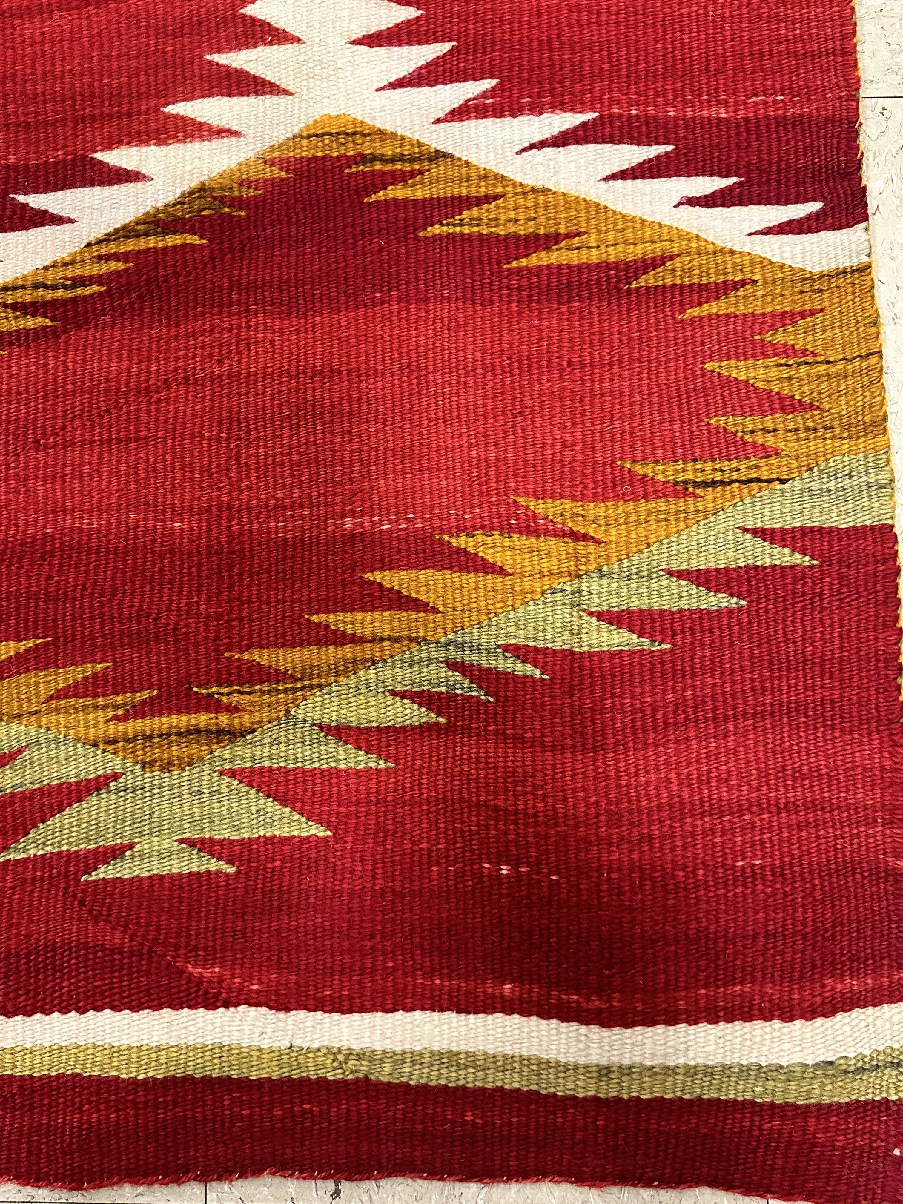 Hand-Painted Antique Navajo Carpet, Folk Rug, Handmade Wool, Red, Black, White, Green For Sale