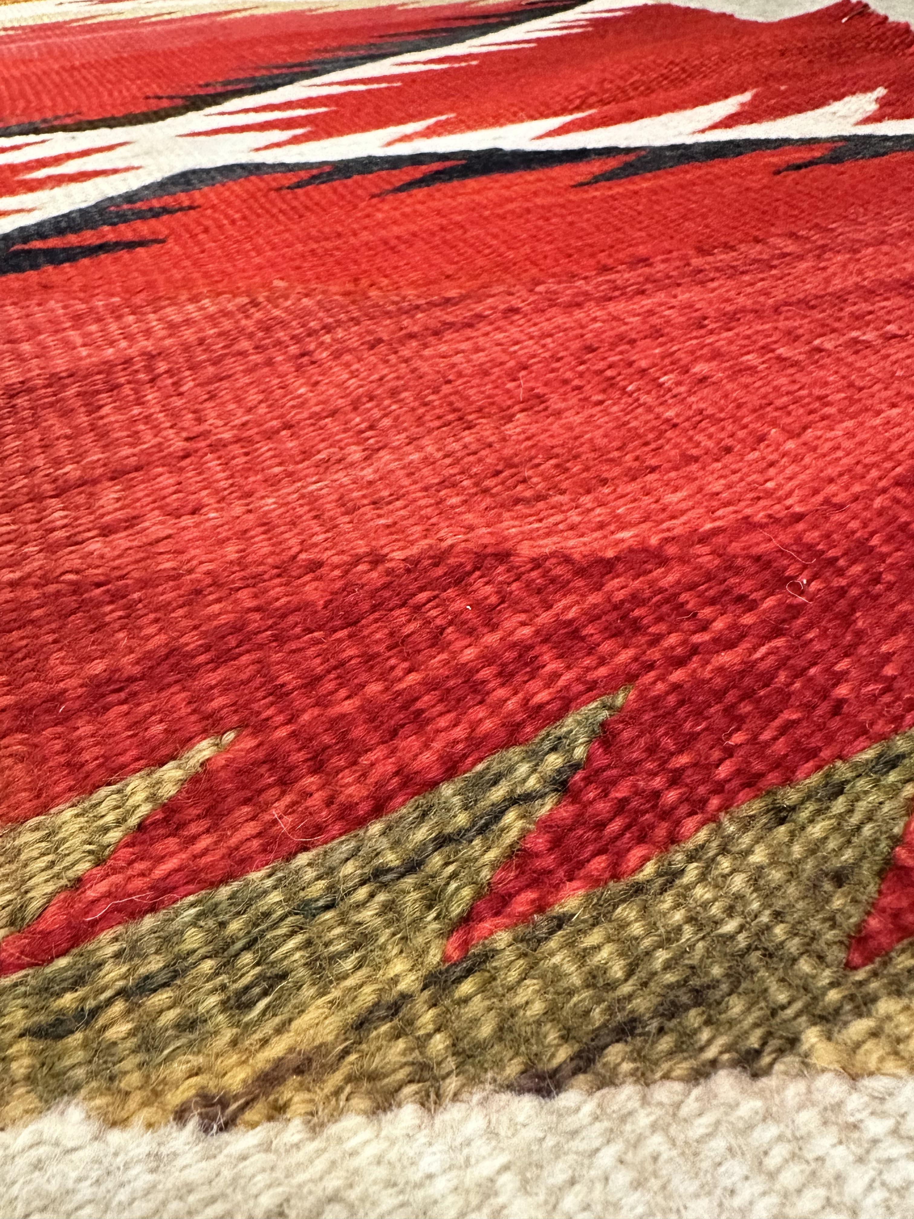 Antique Navajo Carpet, Folk Rug, Handmade Wool, Red, Black, White, Green In Good Condition For Sale In Port Washington, NY
