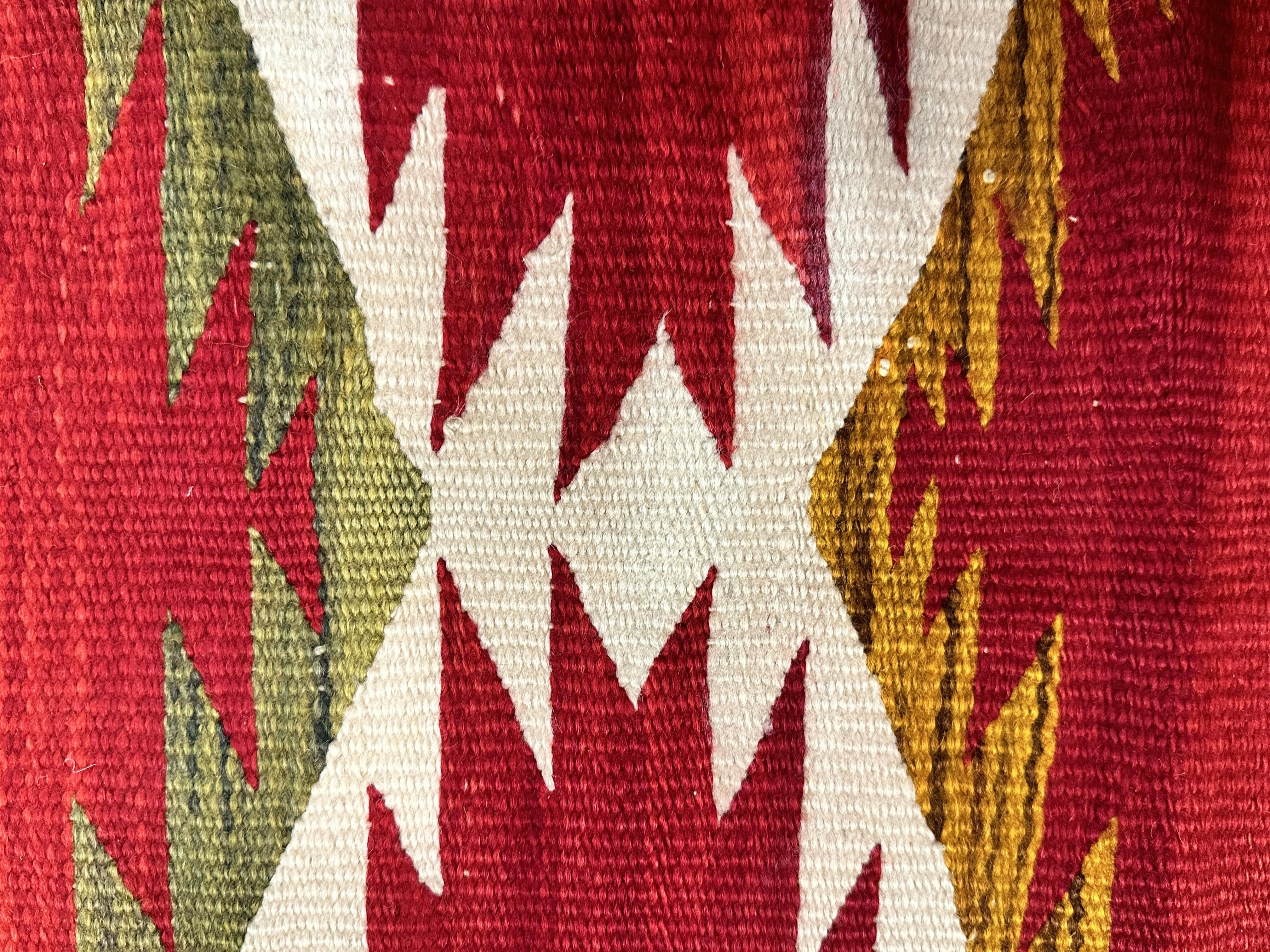 19th Century Antique Navajo Carpet, Folk Rug, Handmade Wool, Red, Black, White, Green For Sale