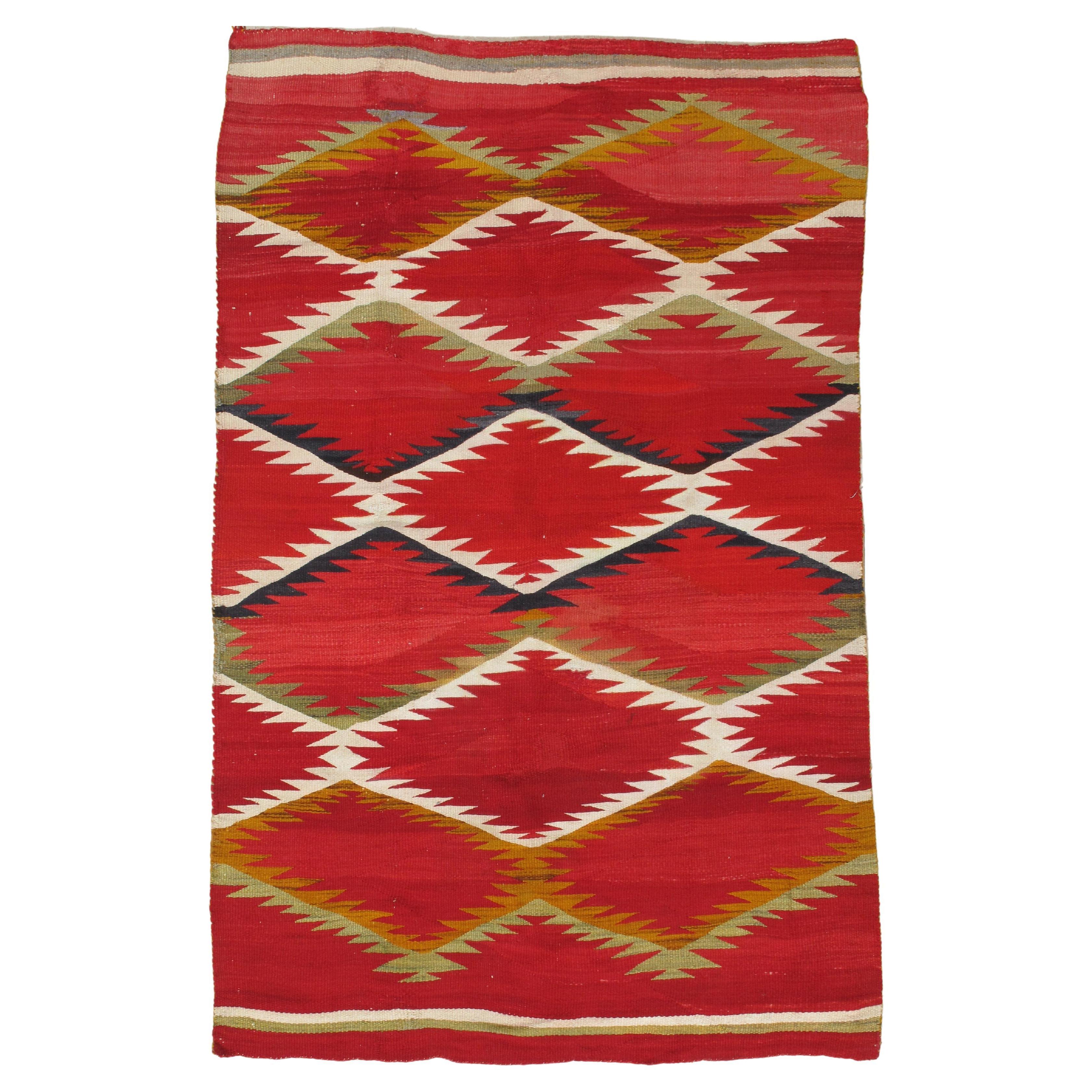 Antique Navajo Carpet, Folk Rug, Handmade Wool, Red, Black, White, Green For Sale