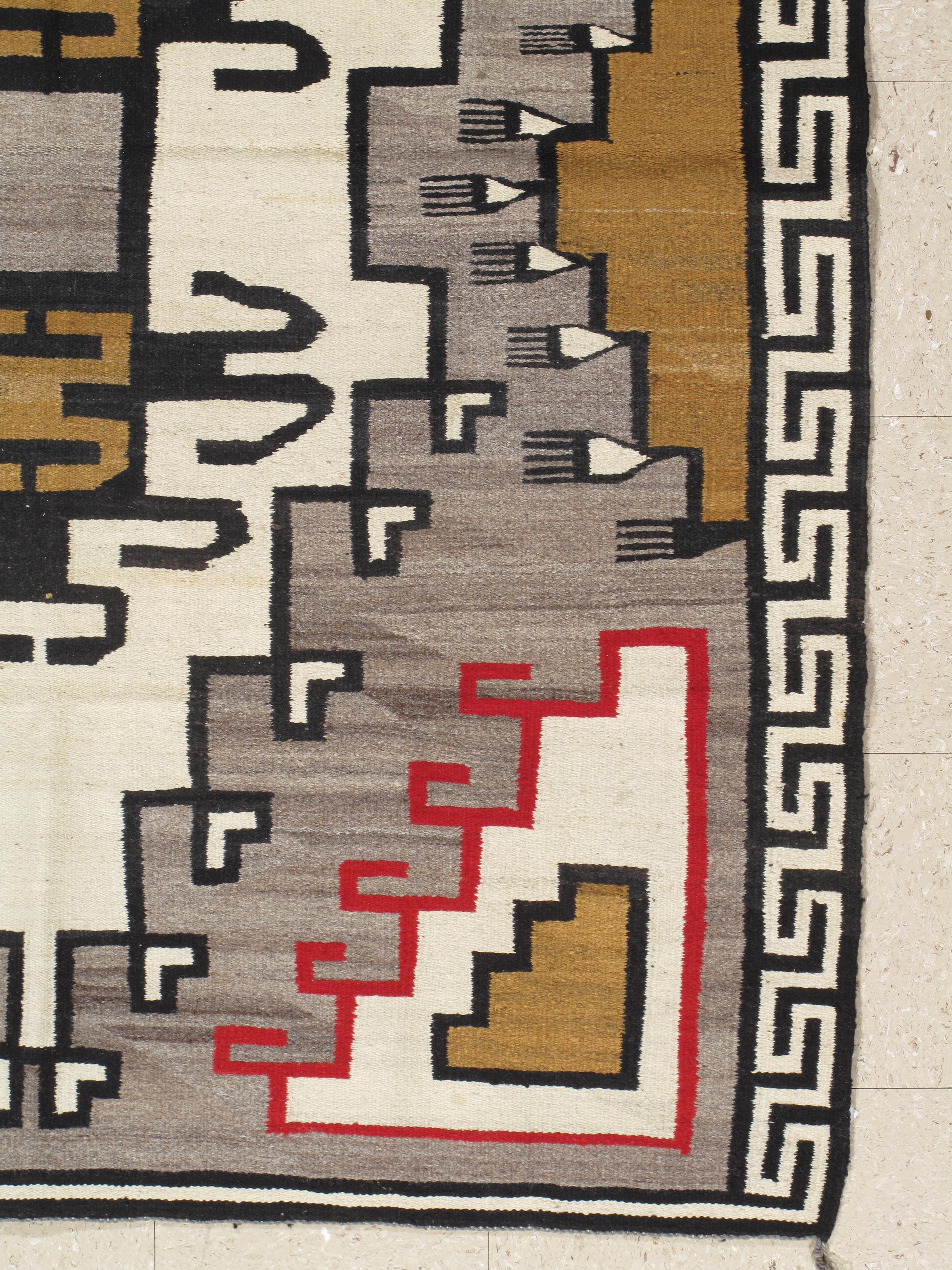 American Antique Navajo Carpet, Folk Rug, Handmade Wool Rug, Gray, Red, Mustard, Black For Sale