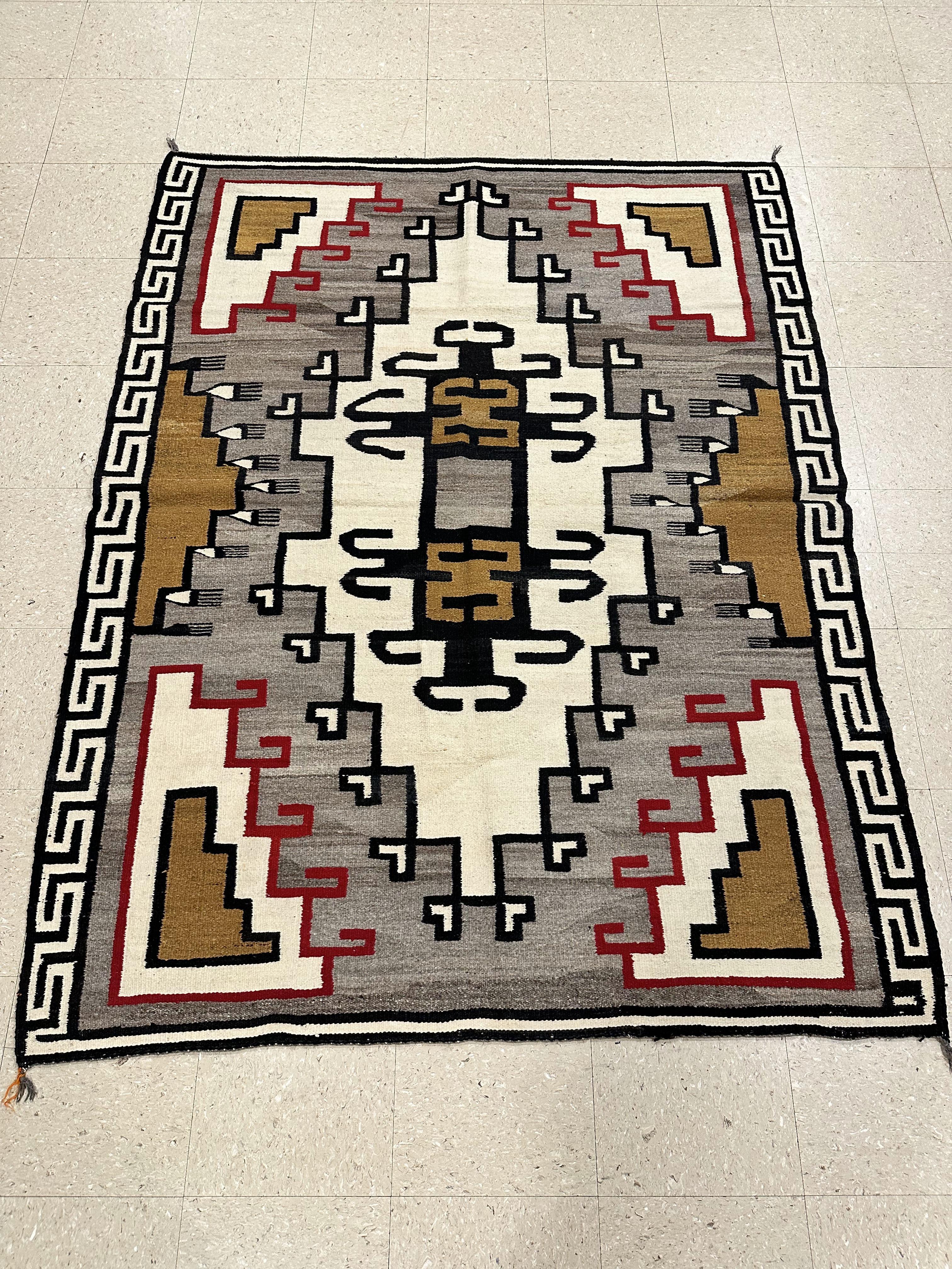 Antique Navajo Carpet, Folk Rug, Handmade Wool Rug, Gray, Red, Mustard, Black In Excellent Condition For Sale In Port Washington, NY