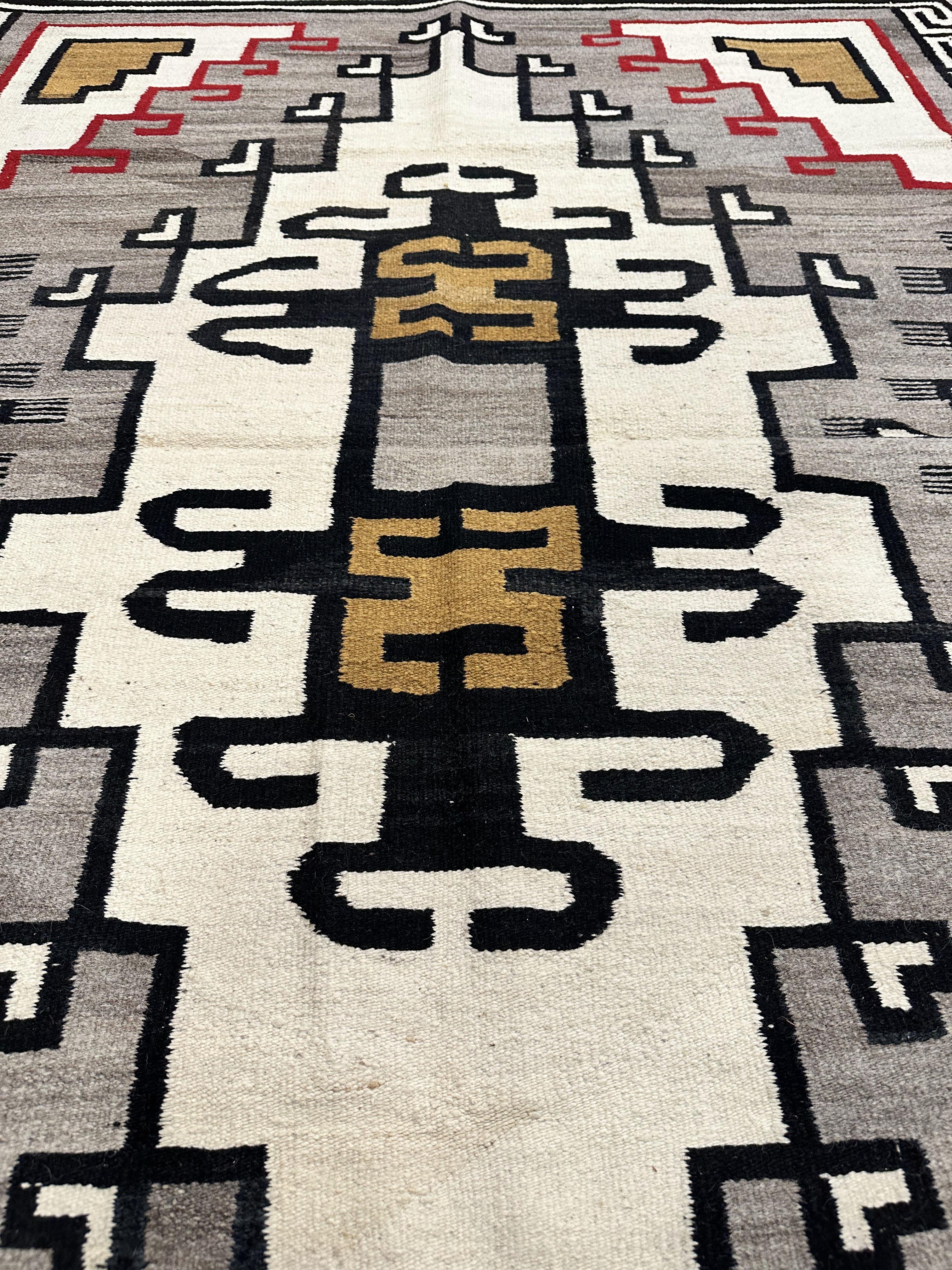 Antique Navajo Carpet, Folk Rug, Handmade Wool Rug, Gray, Red, Mustard, Black For Sale 3