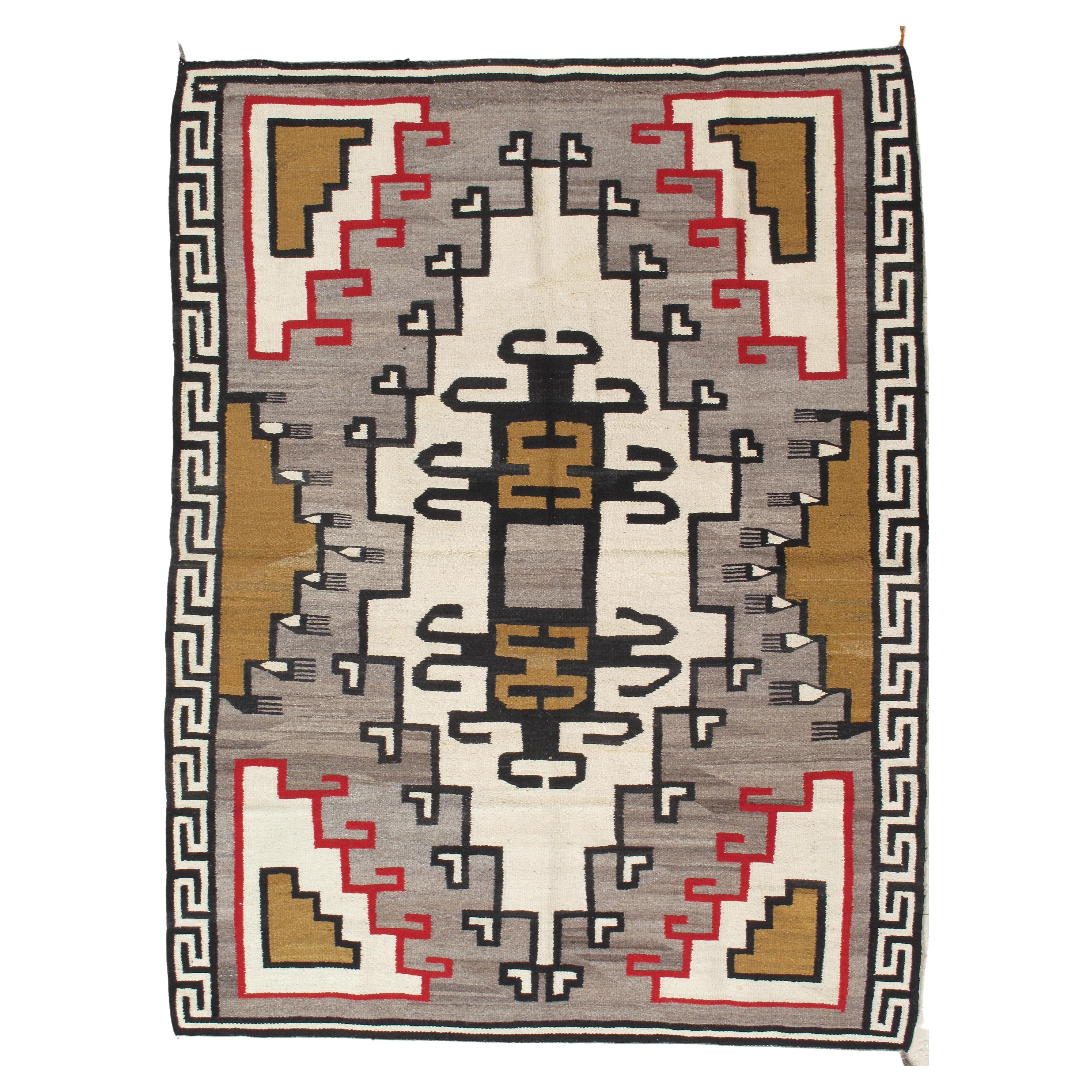 Antique Navajo Carpet, Folk Rug, Handmade Wool Rug, Gray, Red, Mustard, Black