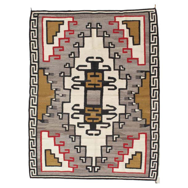 Antique Navajo Carpet, Folk Rug, Handmade Wool Rug, Gray, Red, Mustard ...