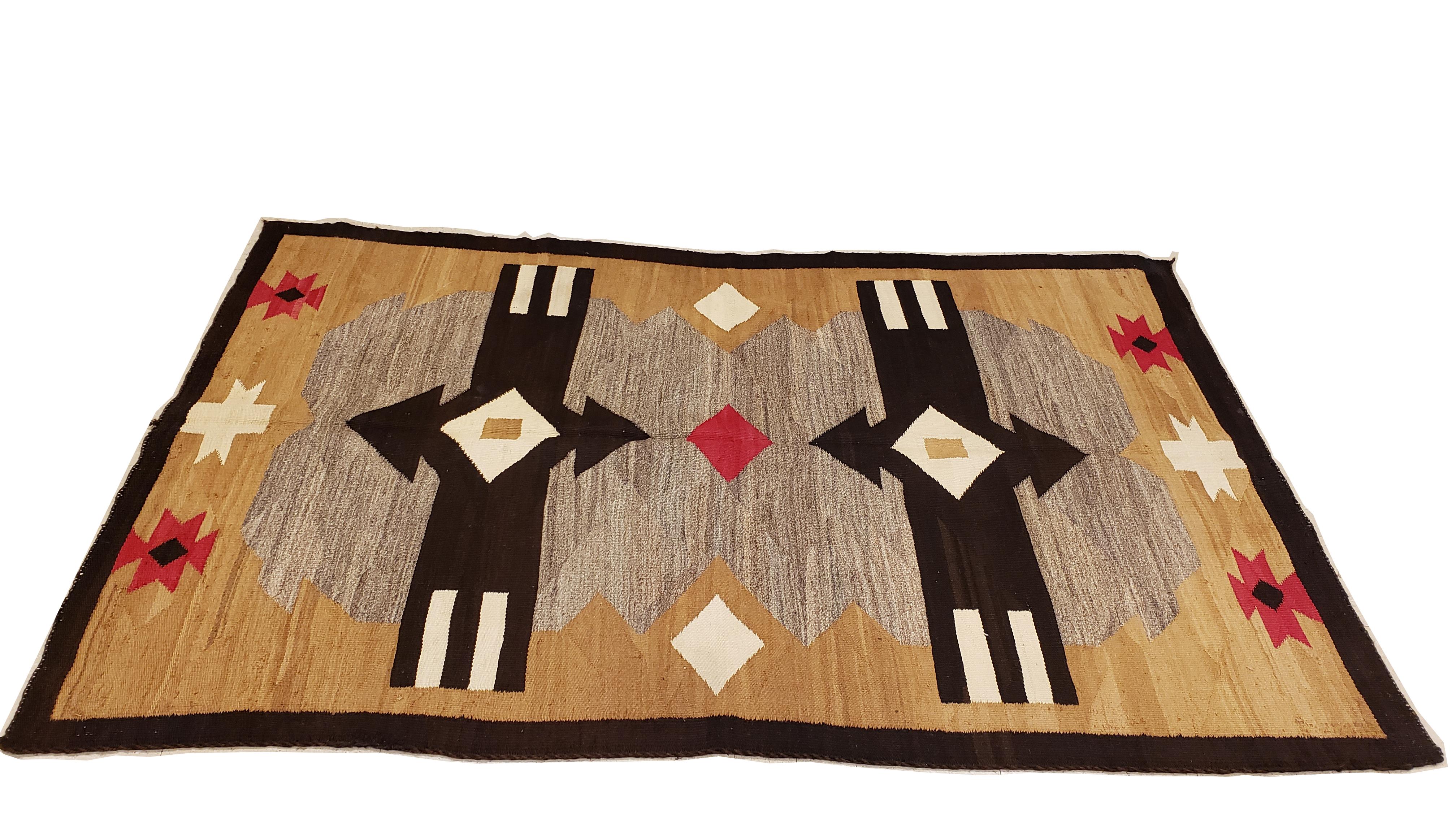 Antique Navajo Carpet, Handmade Rug, Brown, Blue, Beige, Taupe Soft Red Color For Sale 2