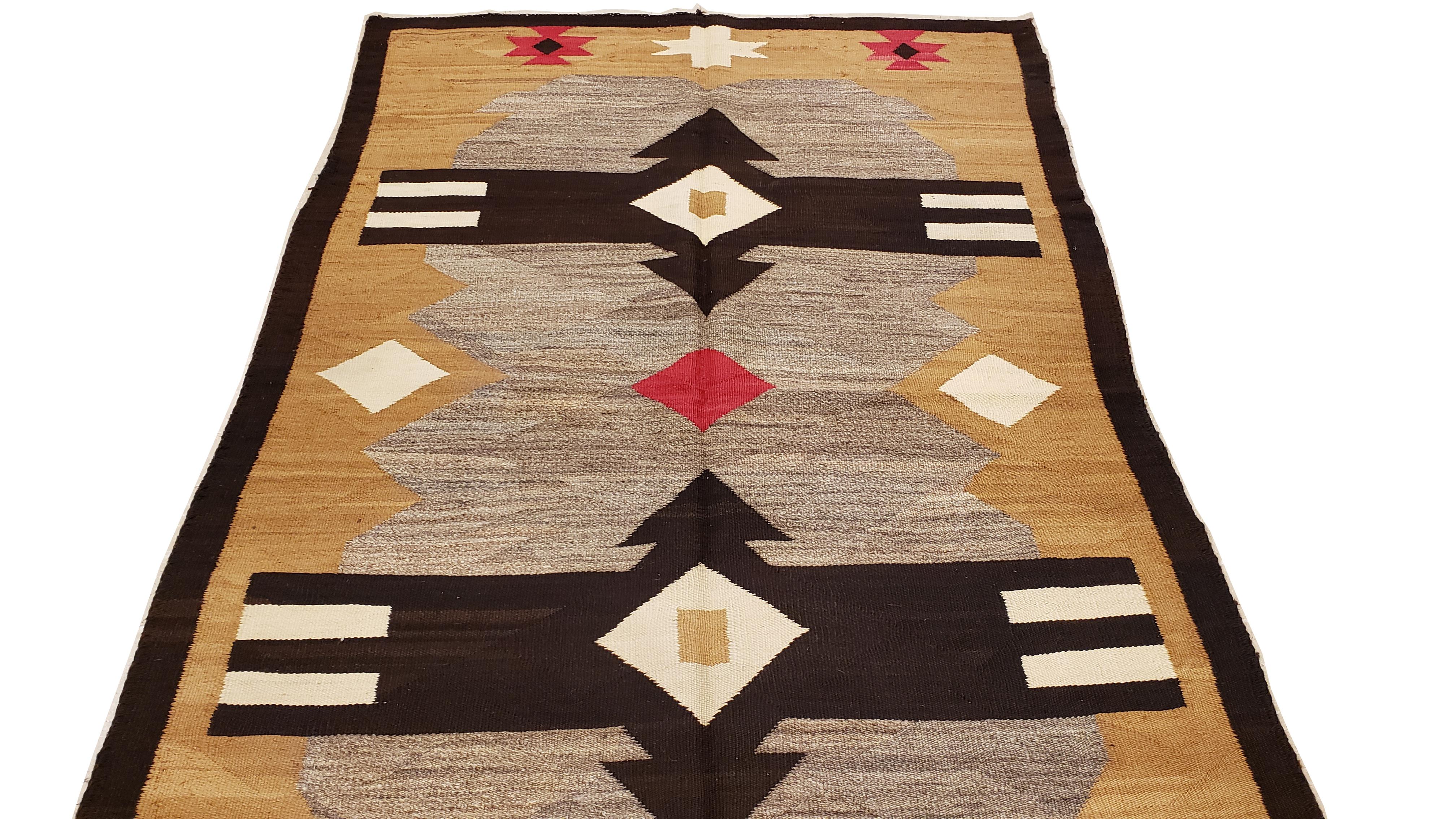 Antique Navajo Carpet, Handmade Rug, Brown, Blue, Beige, Taupe Soft Red Color For Sale 3