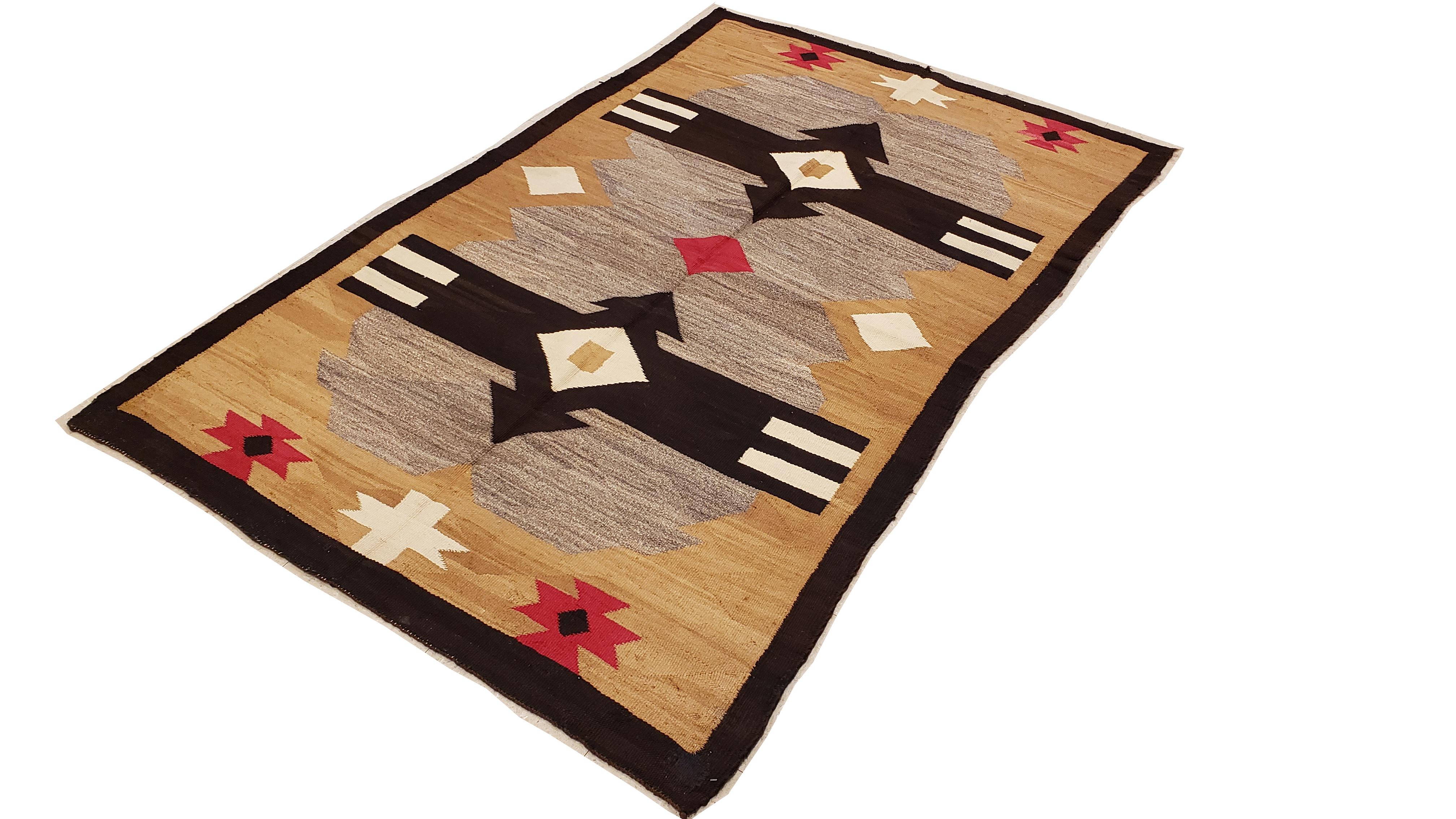 Antique Navajo Carpet, Handmade Rug, Brown, Blue, Beige, Taupe Soft Red Color For Sale 4