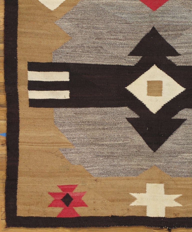 Native American Antique Navajo Carpet, Handmade Rug, Brown, Blue, Beige, Taupe Soft Red Color For Sale