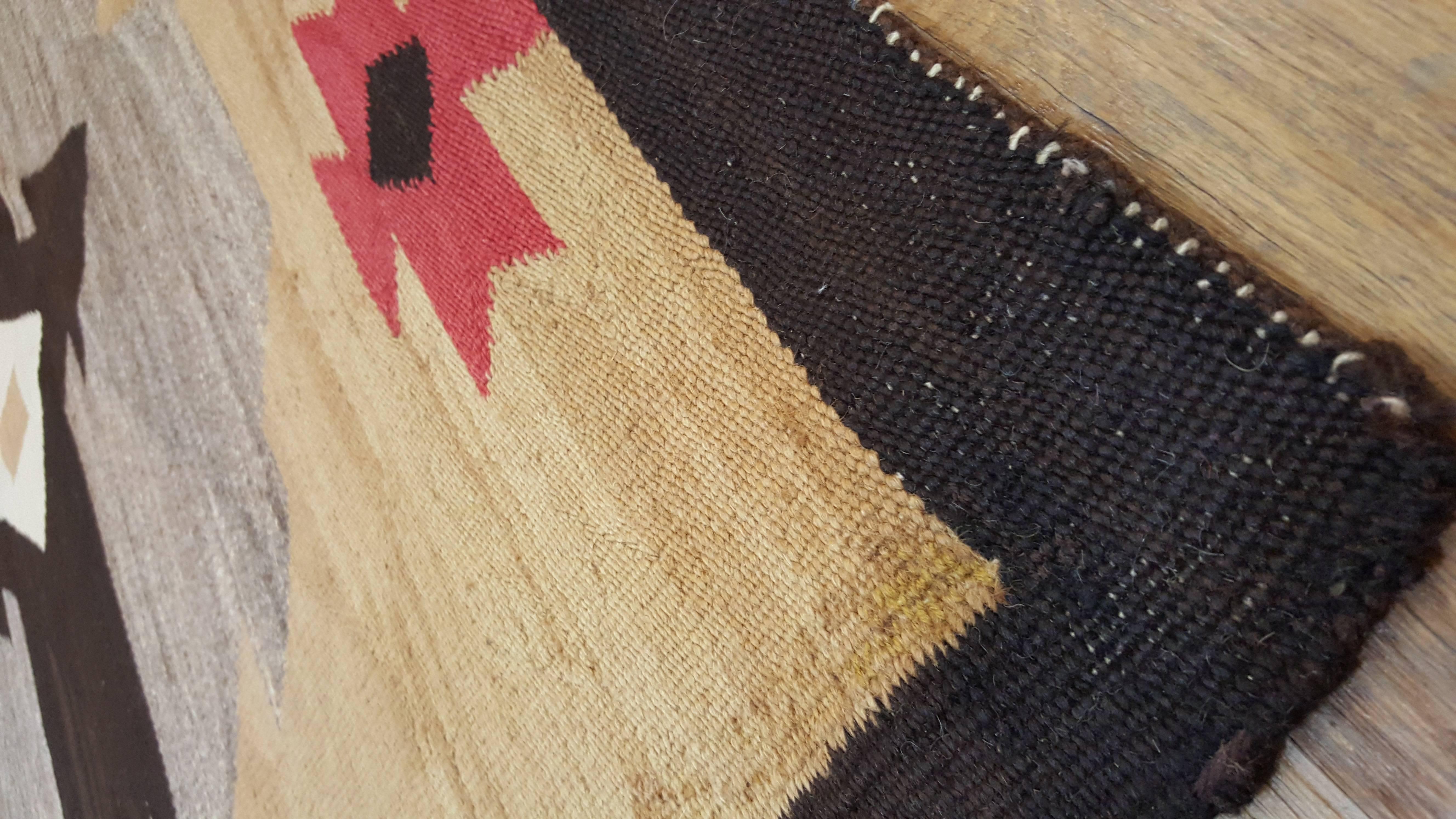 American Antique Navajo Carpet, Handmade Rug, Brown, Blue, Beige, Taupe Soft Red Color For Sale