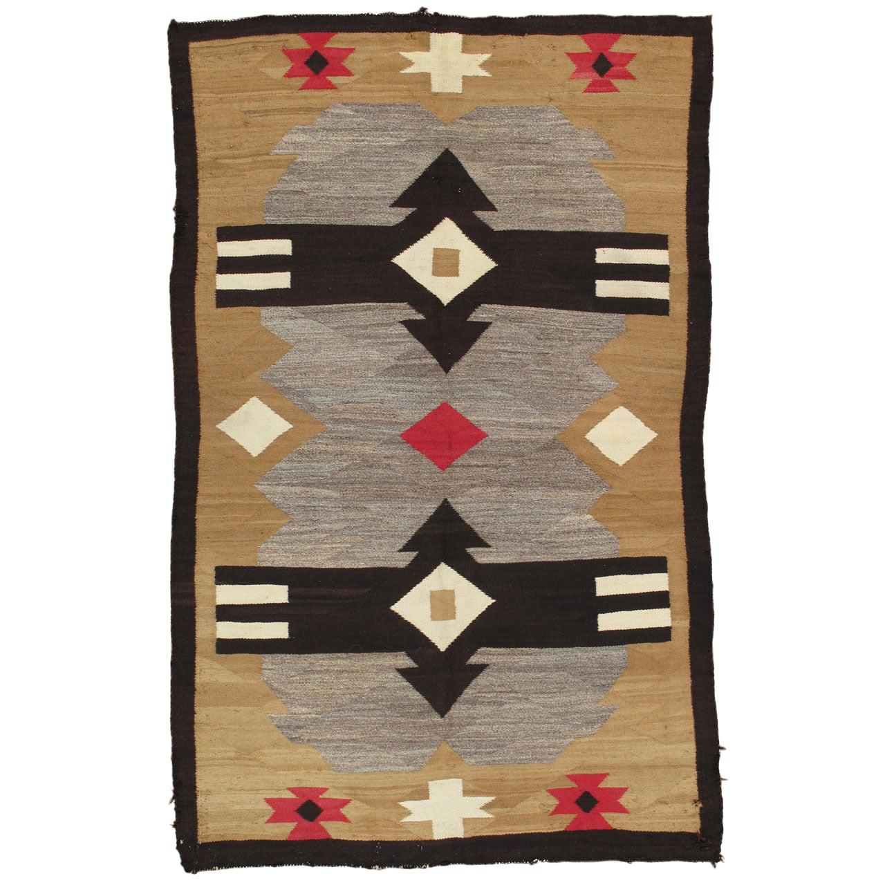 Antique Navajo Carpet, Handmade Rug, Brown, Blue, Beige, Taupe Soft Red Color For Sale