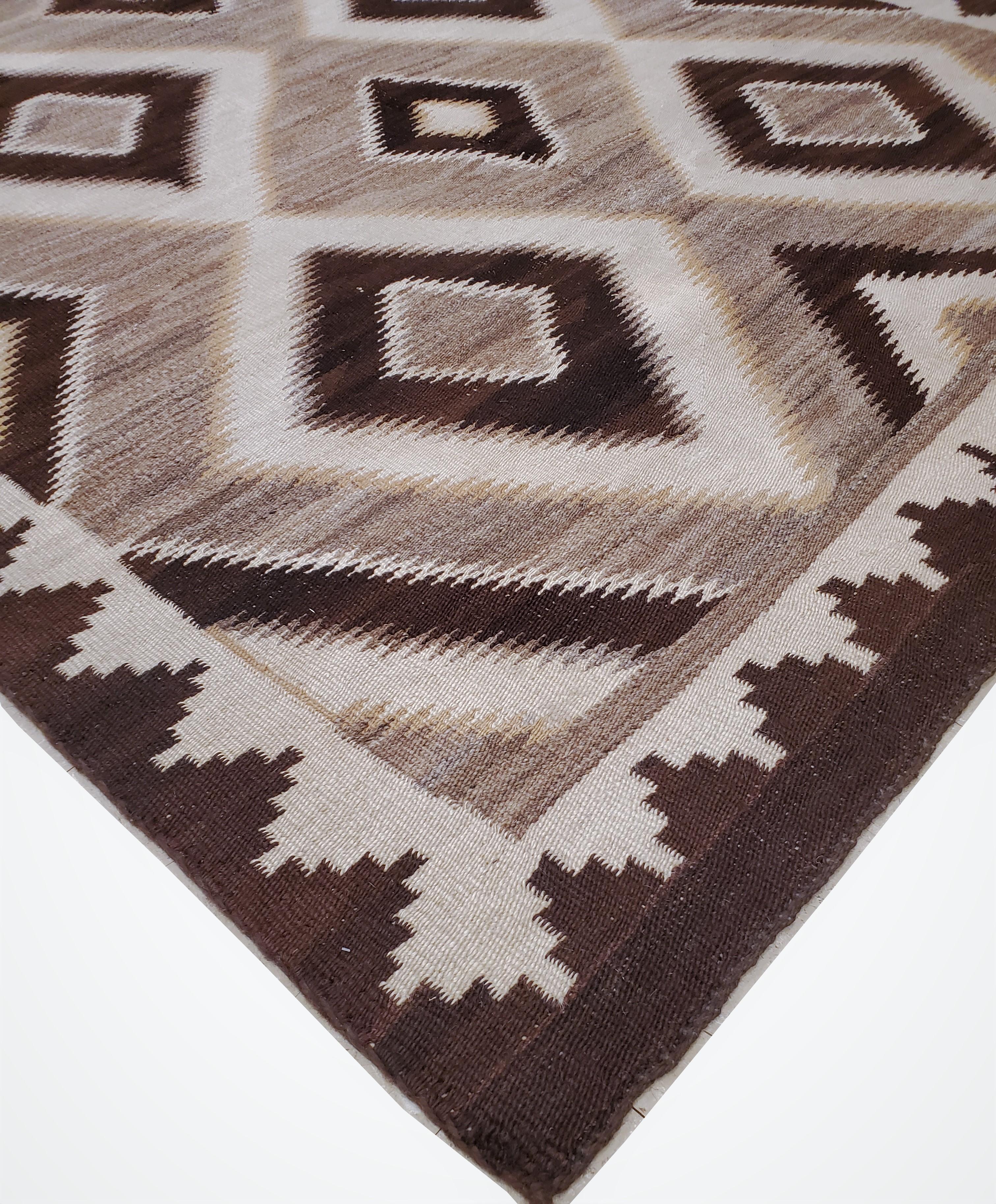 Hand-Knotted Antique Navajo Carpet, Handmade Wool, Ivory, Beige, Gray and Brown For Sale