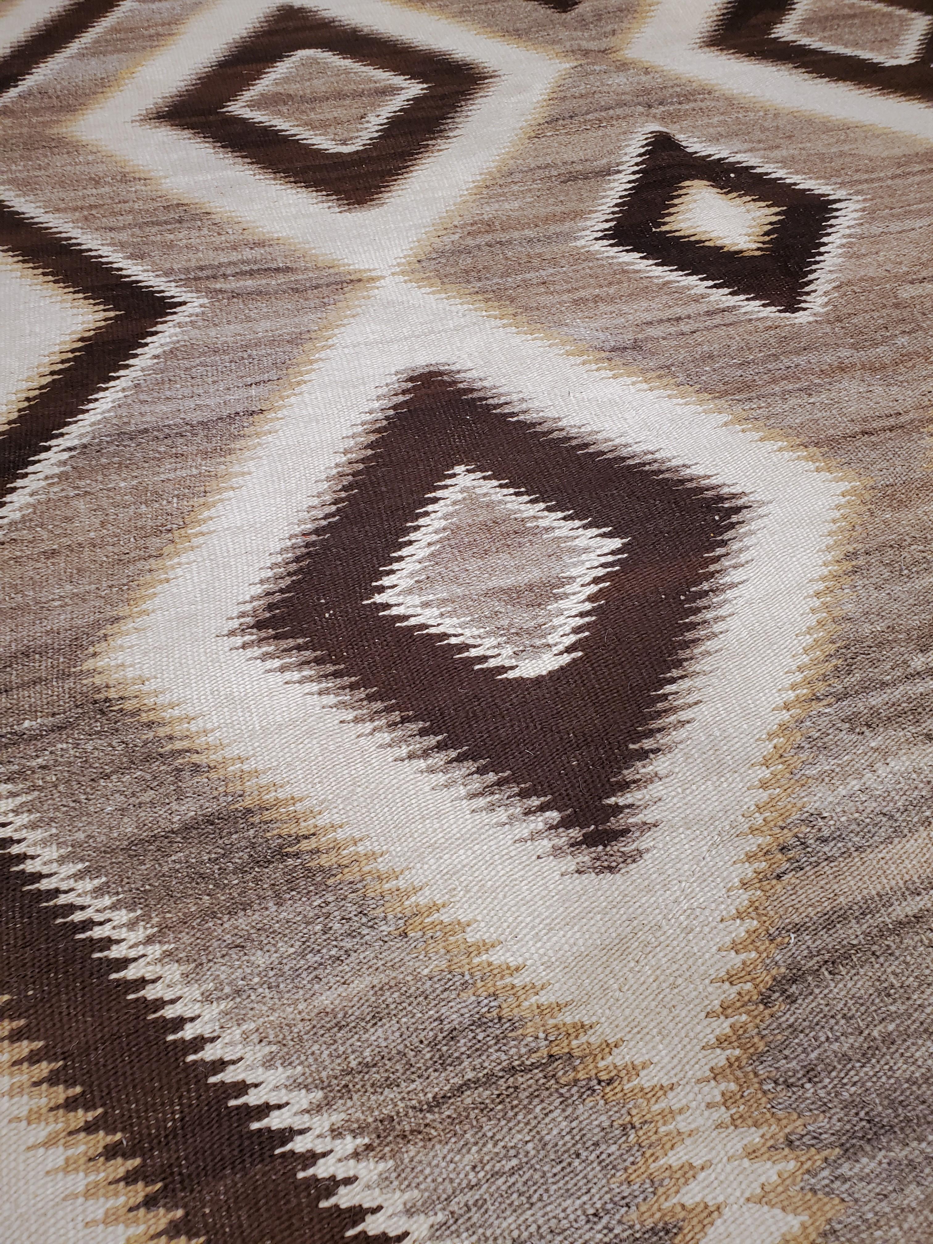 19th Century Antique Navajo Carpet, Handmade Wool, Ivory, Beige, Gray and Brown For Sale