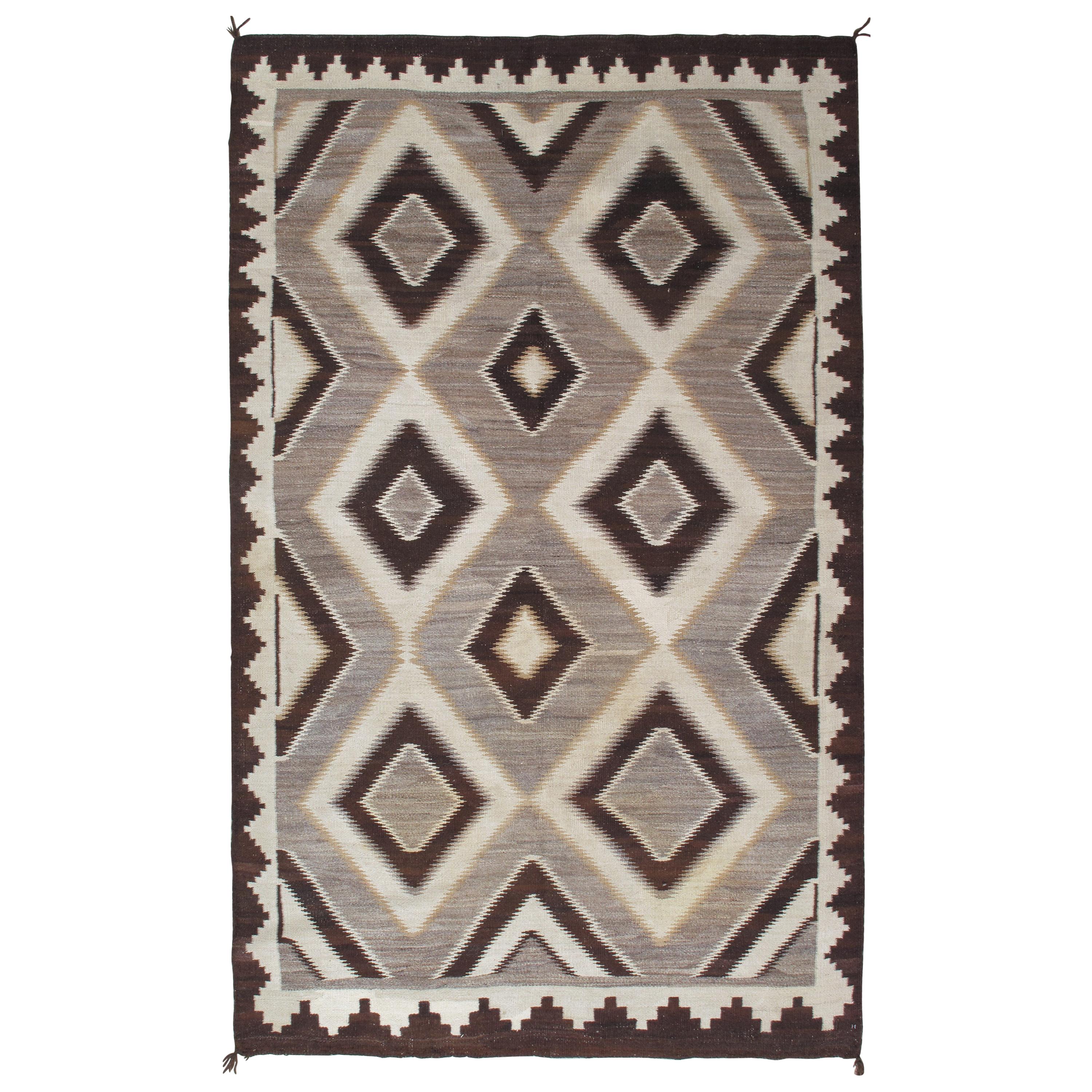 Antique Navajo Carpet, Handmade Wool, Ivory, Beige, Gray and Brown For Sale