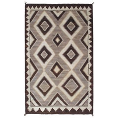 Antique Navajo Carpet, Handmade Wool, Ivory, Beige, Gray and Brown