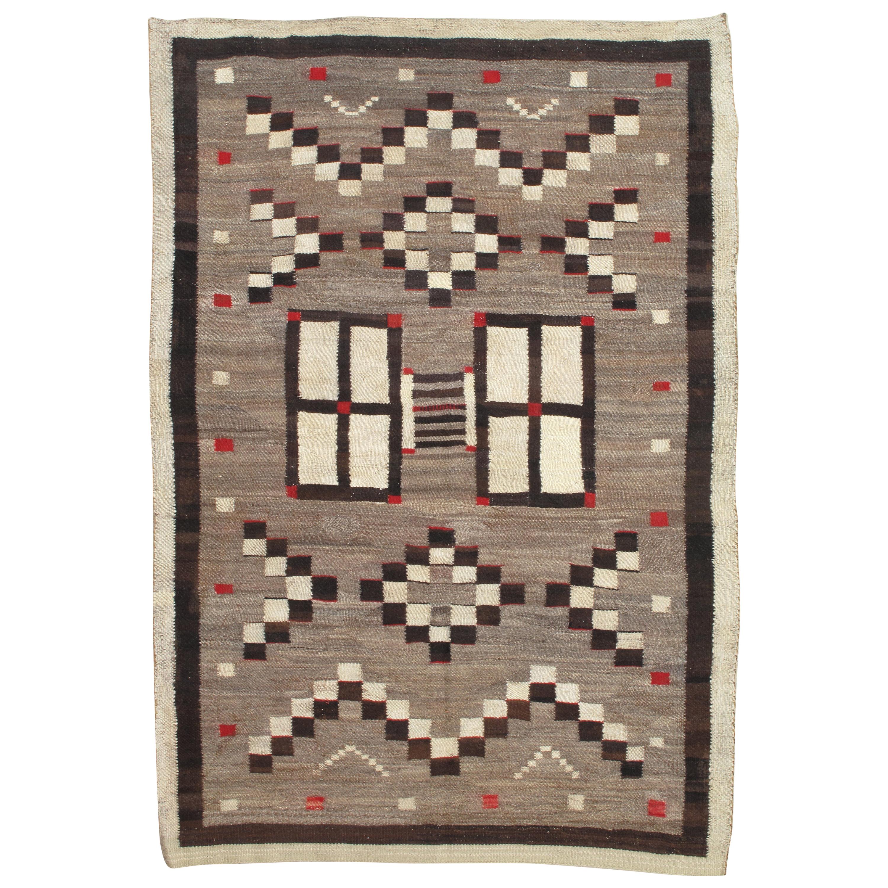 Antique Navajo Carpet, Oriental Rug, Handmade Wool Rug, Gray, Brown, and Red