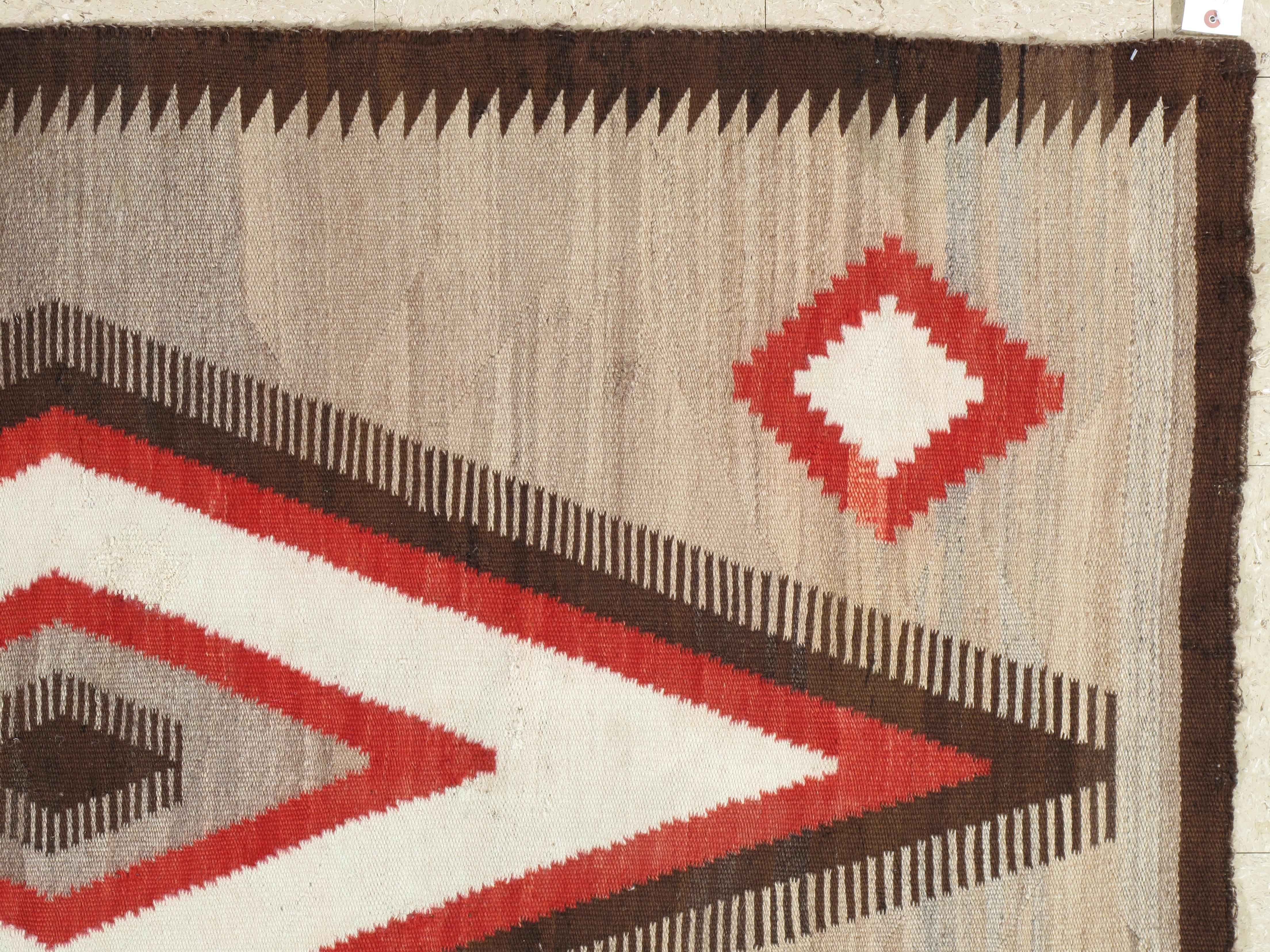 American Antique Navajo Carpet, Storm Pattern Rug, Handmade Wool Rug, Gray, Red and Brown