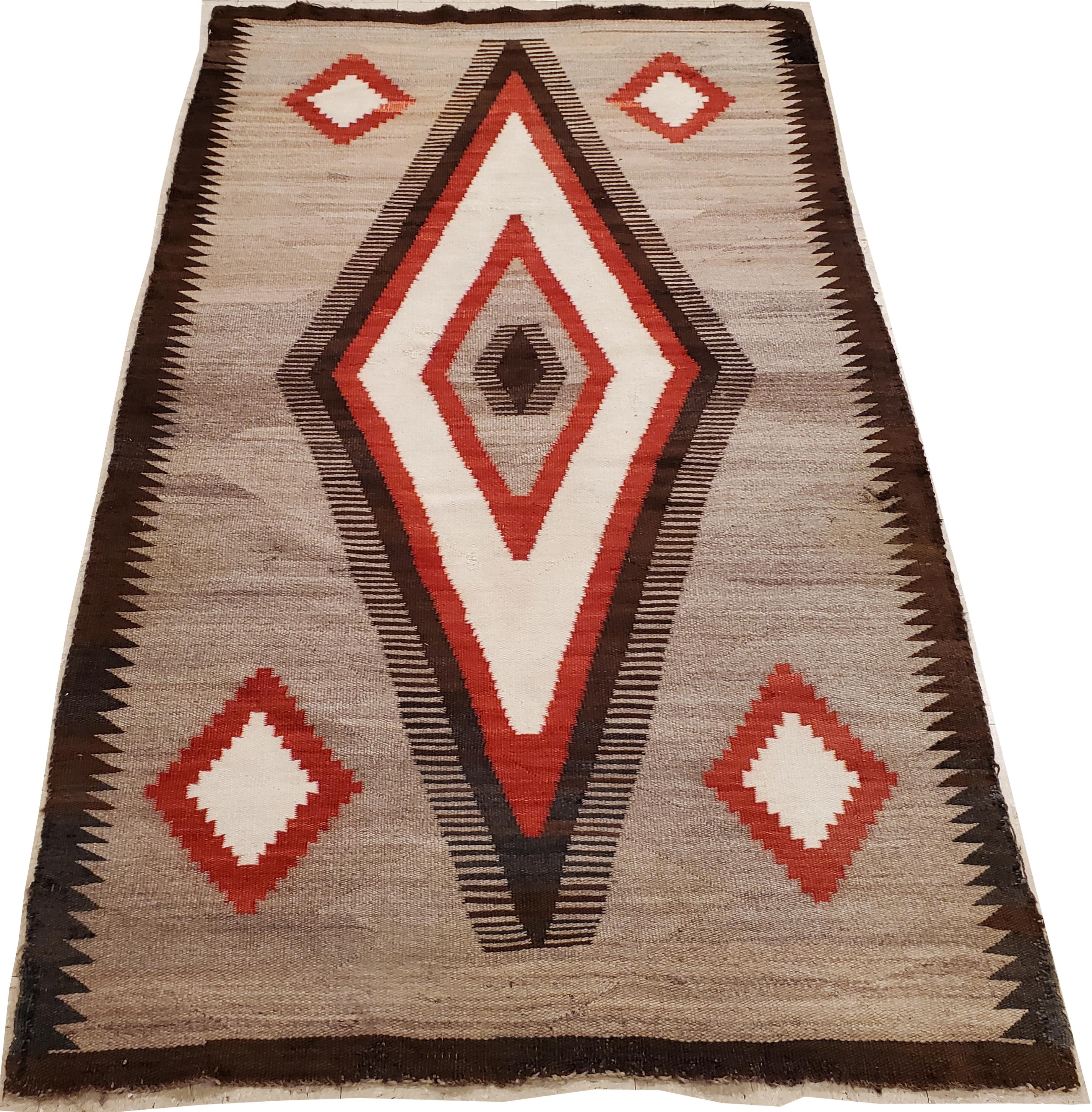 Antique Navajo Carpet, Storm Pattern Rug, Handmade Wool Rug, Gray, Red and Brown 2