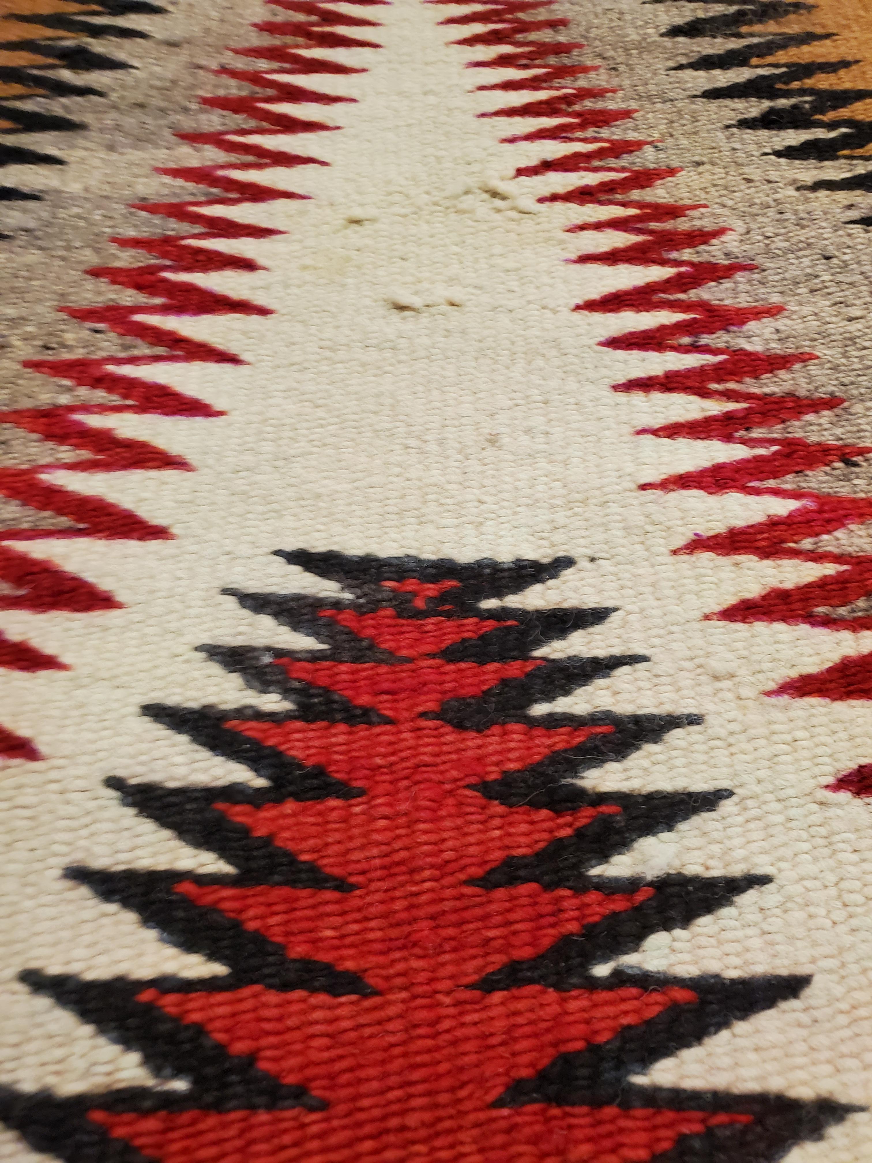 Hand-Knotted Antique Navajo Carpet, Storm Pattern Rug, Handmade Wool Rug, Gray, Red and Tan