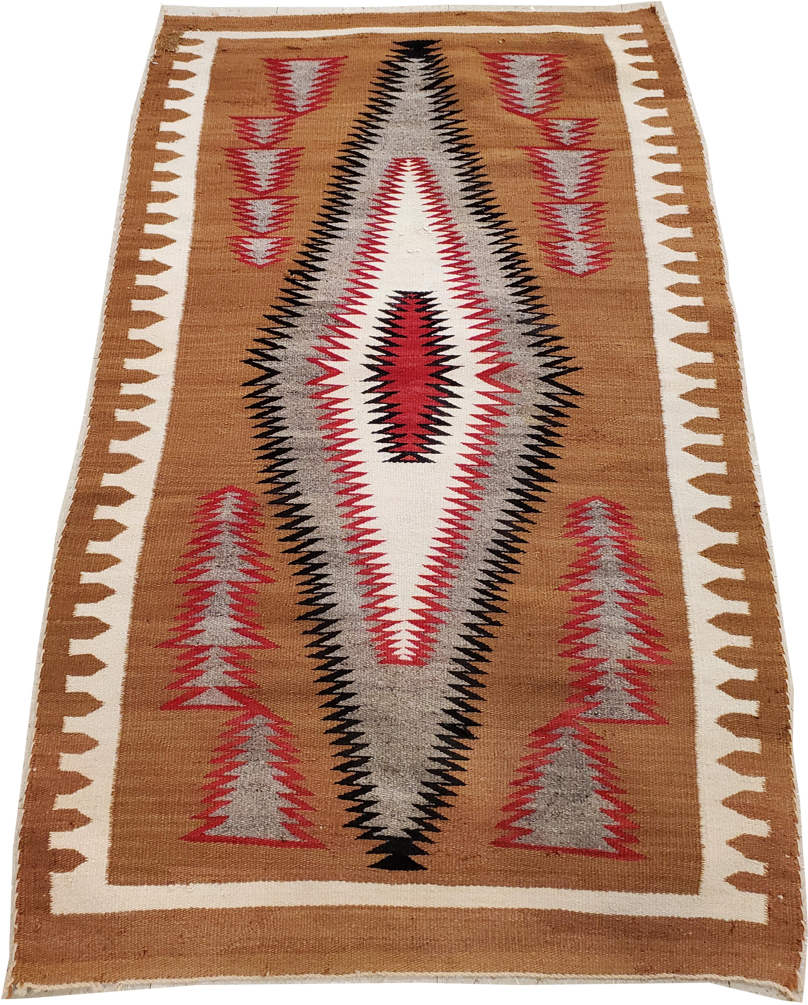 Antique Navajo Carpet, Storm Pattern Rug, Handmade Wool Rug, Gray, Red and Tan 1