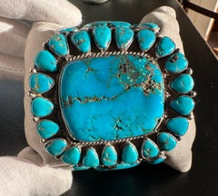 Bracelet manchette Navajo ancien, en argent massif et pierres de turquoise, qualité musée