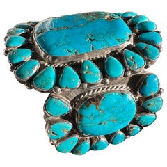 Bracelet manchette Navajo ancien, en argent massif et pierres de turquoise, qualité musée