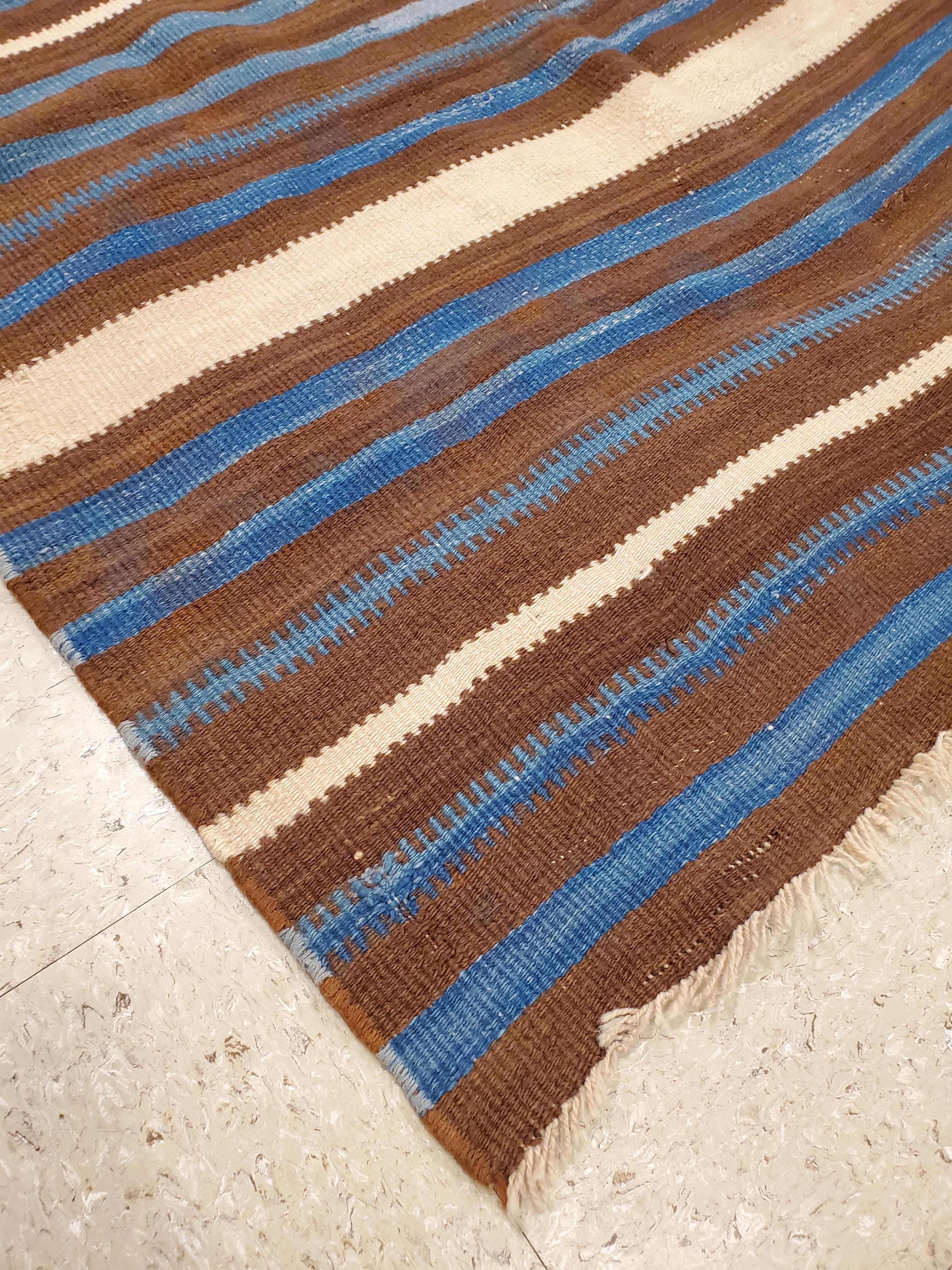 American Antique Navajo Indian Rio Grande Blanket, Handmade Rug, Folk Art, Blue For Sale