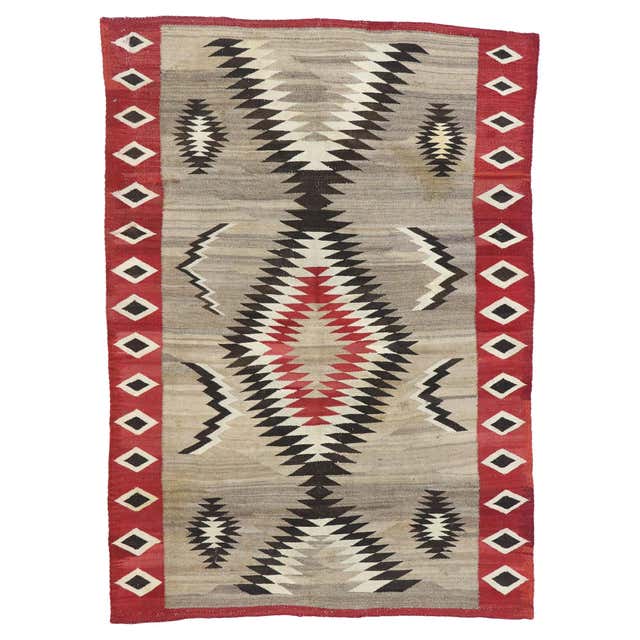 Navajo Rug Value Antique Native American Navajo Large Geometric Grey Ivory Rug, circa ...