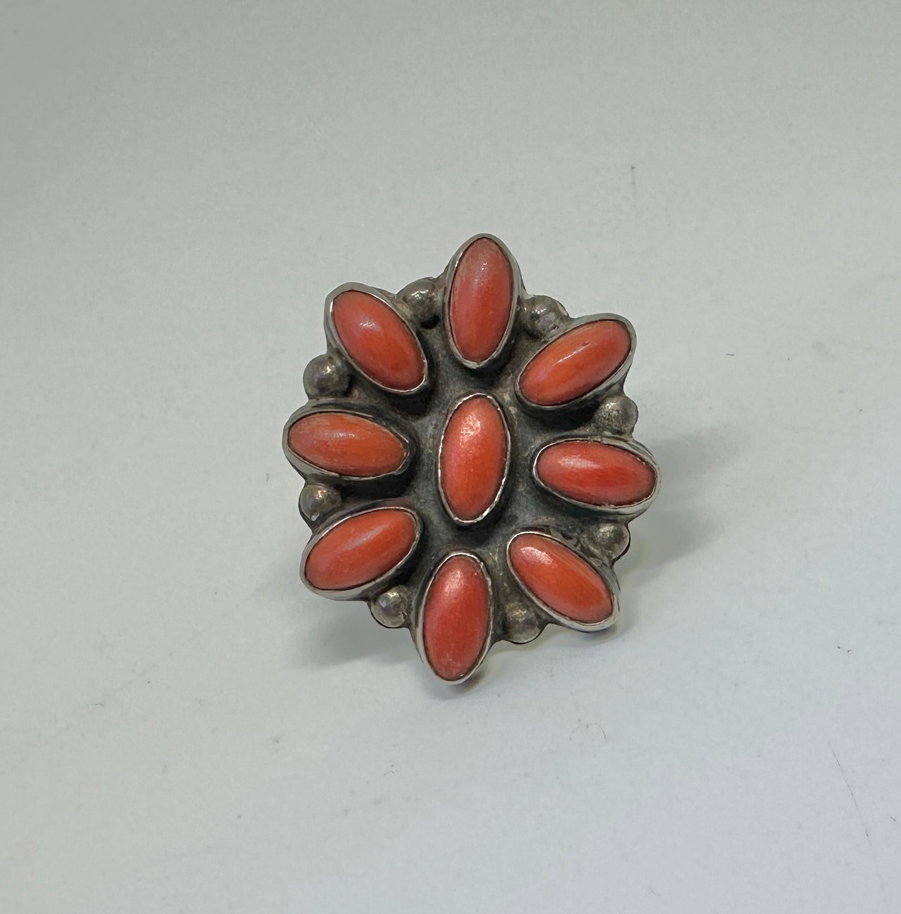 Antiguo Anillo de Coral Indio Americano Navajo Antiguo Peón de Plata Cabujón en venta