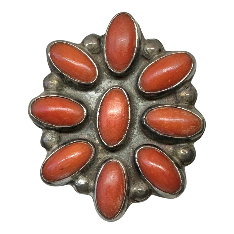 Antiguo Anillo de Coral Indio Americano Navajo Antiguo Peón de Plata en venta