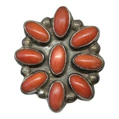 Antico anello di corallo Navajo, nativo americano, argento, vecchio pegno