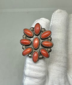 Antico anello di corallo Navajo, nativo americano, argento, vecchio pegno