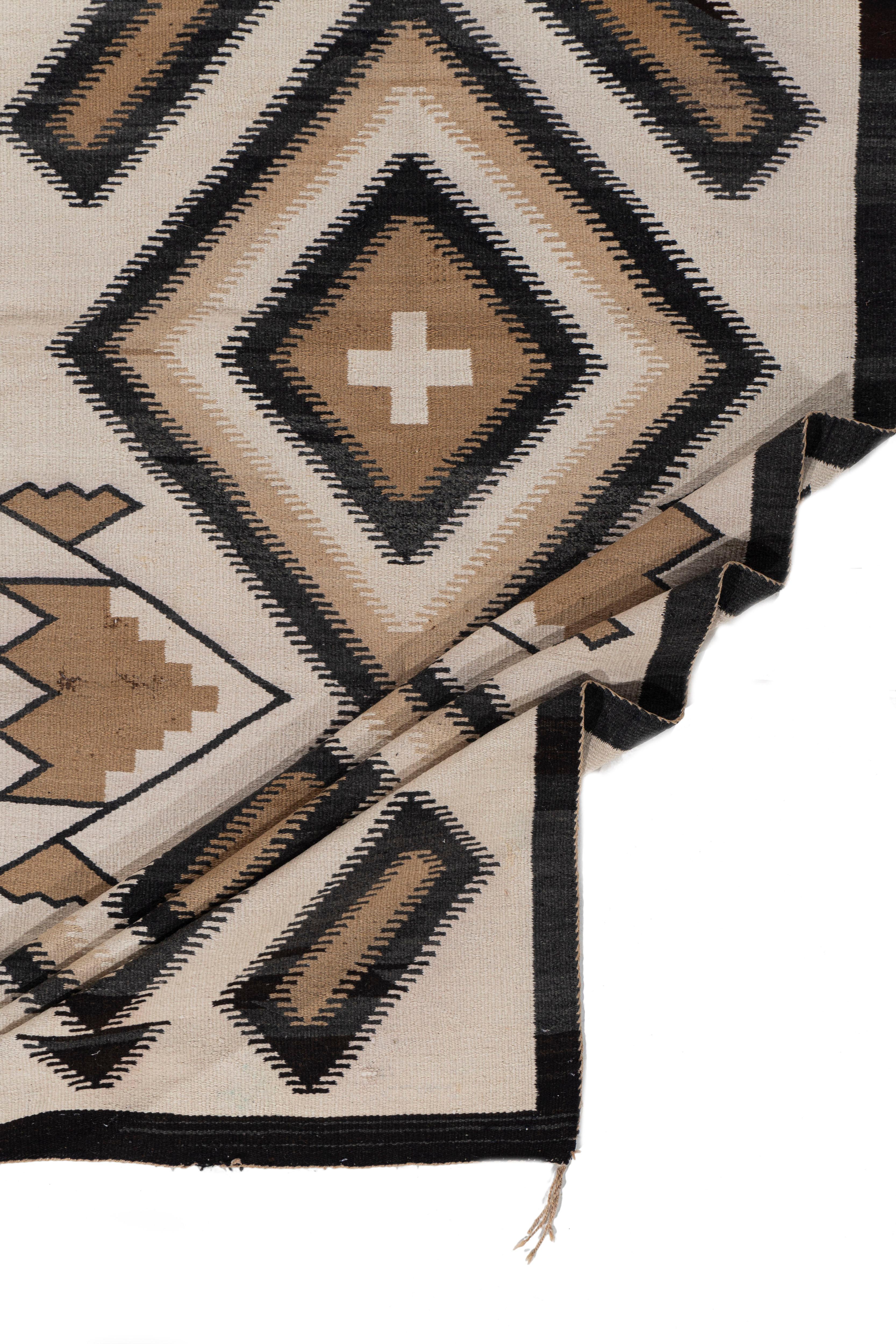 Hand-Knotted Antique Circa 1910 Navajo Hand Woven Light Beigs Charcoal Wool Rug 3'7 X 6'9 For Sale