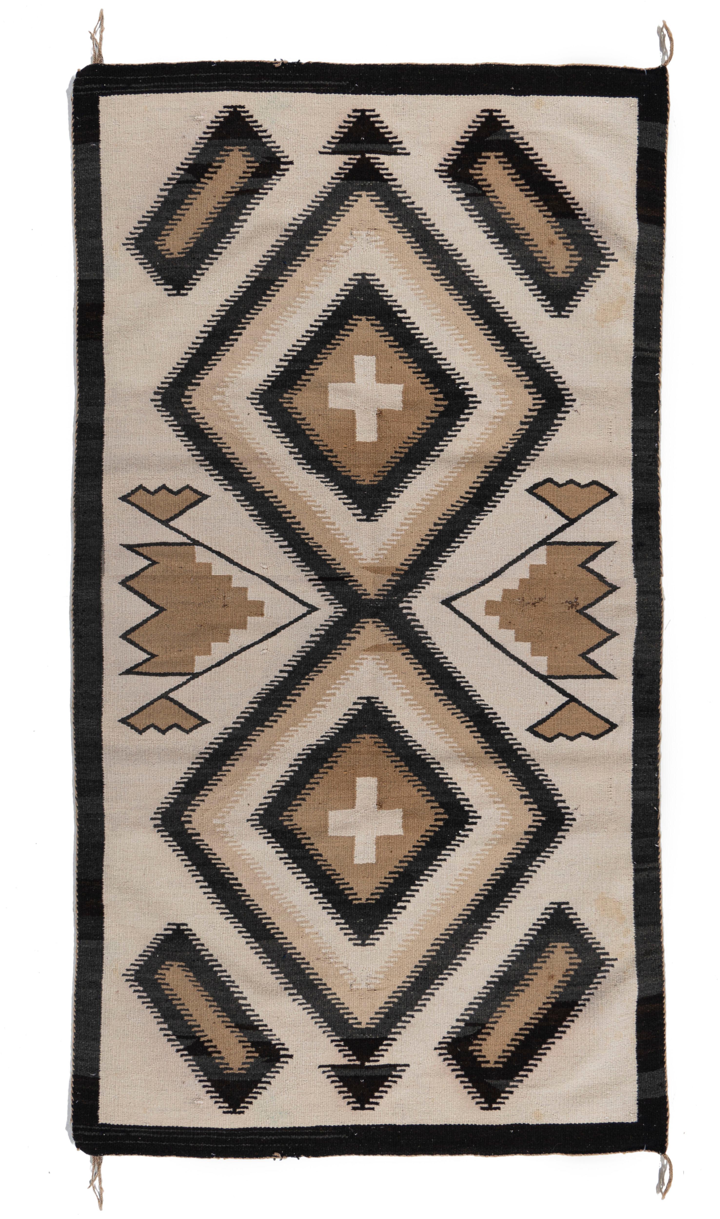 Antique Circa 1910 Navajo Hand Woven Light Beigs Charcoal Wool Rug 3'7 X 6'9