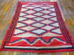 1930s Ivory Red Antique American Navajo Carpet 4'5" x 6'2" Flatwoven Tribal Rug