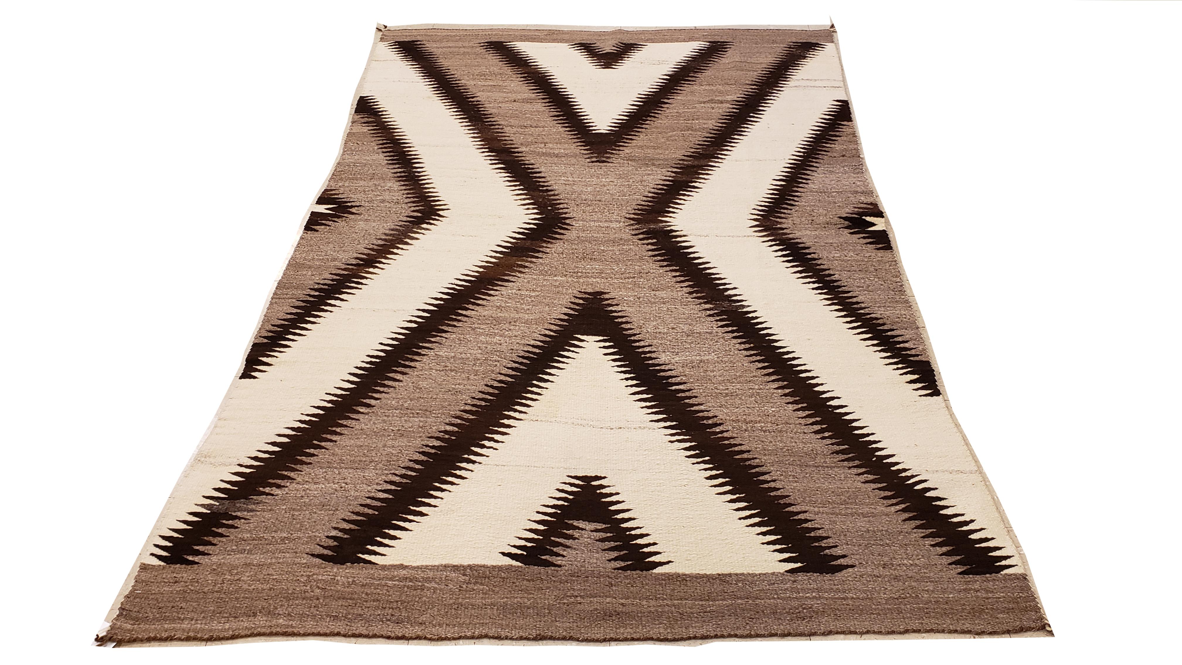 Antique Navajo Rug, Handmade Wool Oriental Rug, Gray, Ivory and Dark Brown 3