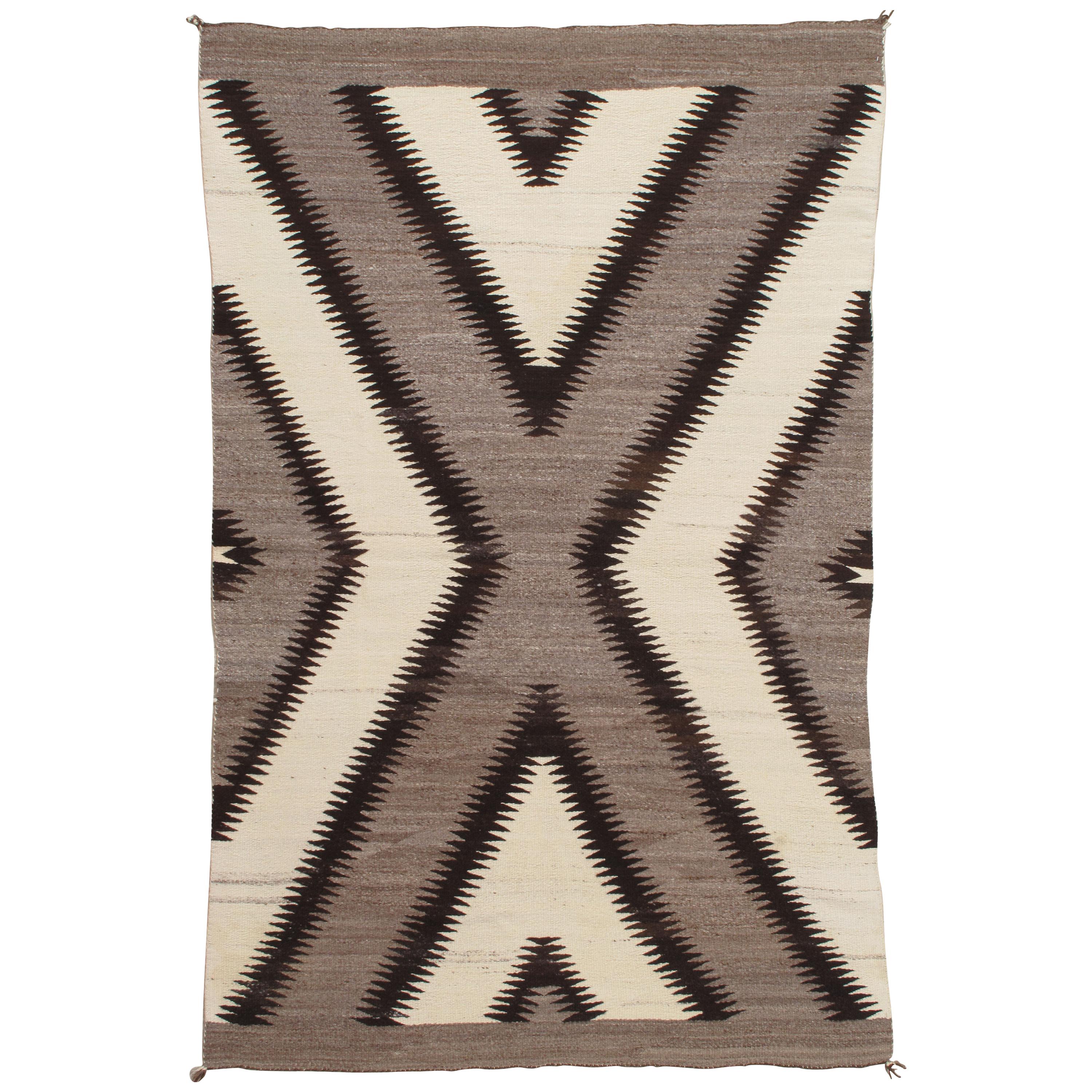 Antique Navajo Rug, Handmade Wool Oriental Rug, Gray, Ivory and Dark Brown