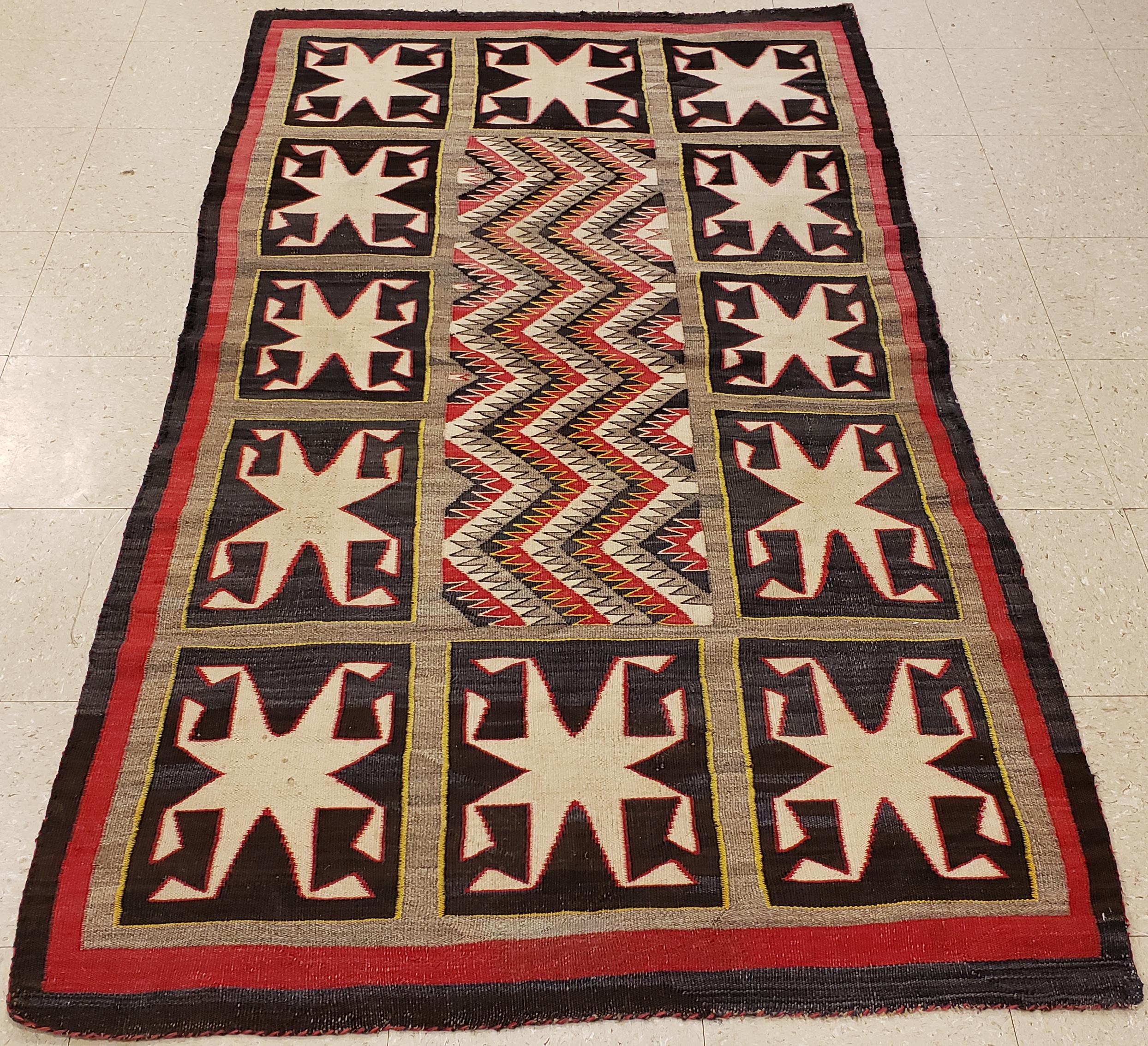 Antique Navajo Rug, Handmade Wool Oriental Rug, Red, Beige and Brown 6