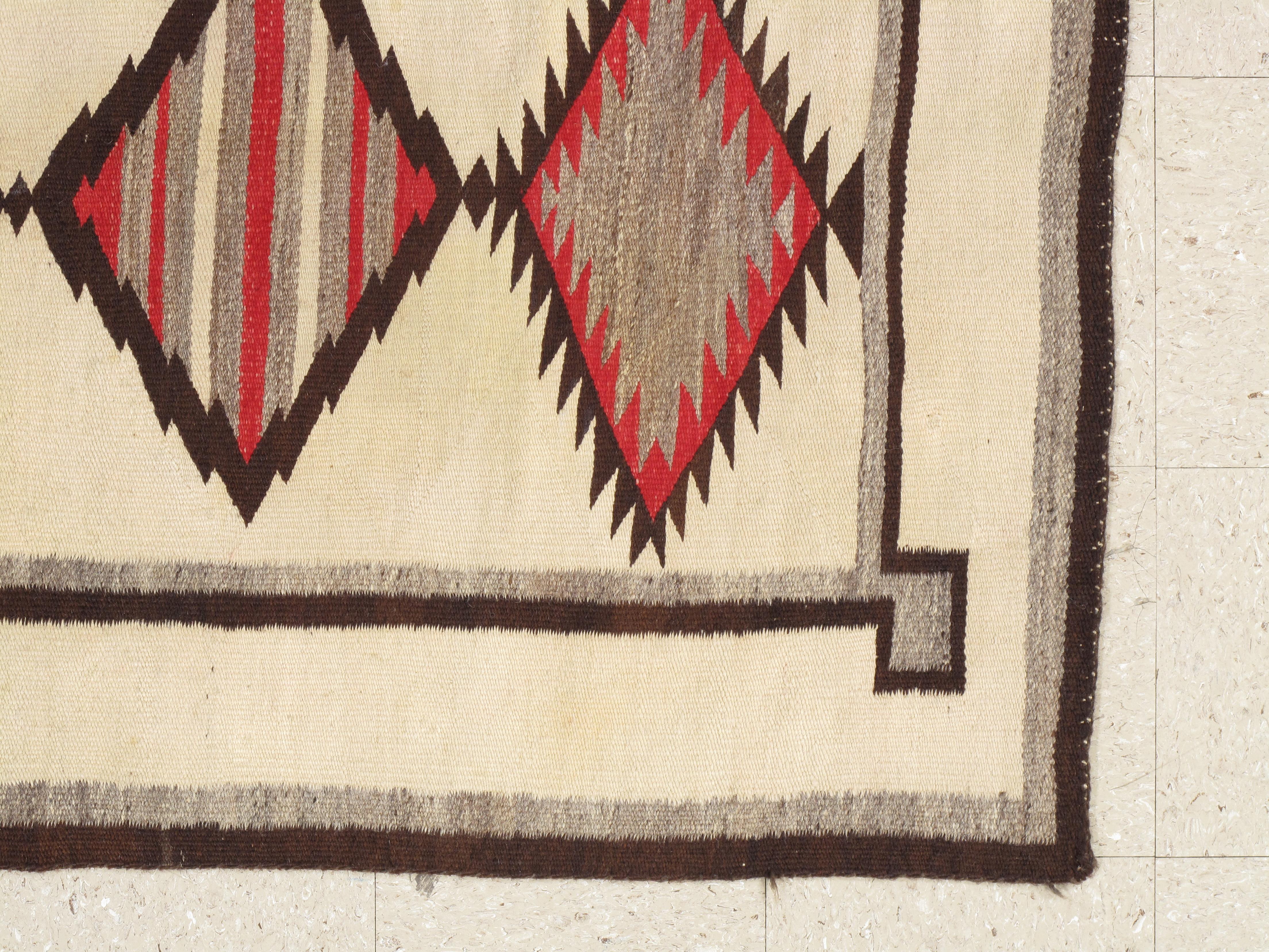 American Antique Navajo Rug, Handmade Wool Oriental Rug, Red, Beige and Brown