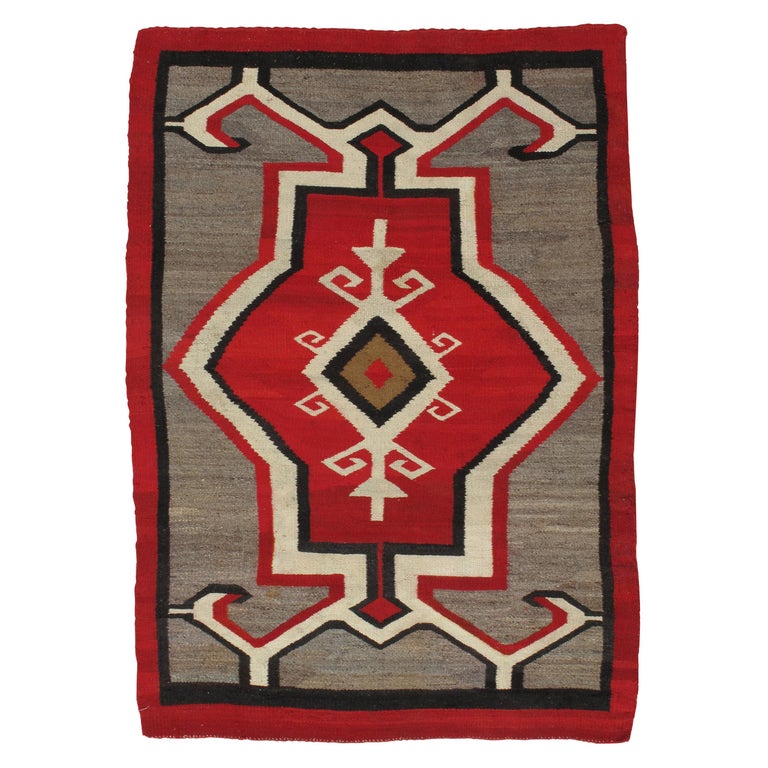 Antique Navajo Rug, Handmade Wool Oriental Rug, Red, Beige and Brown at
