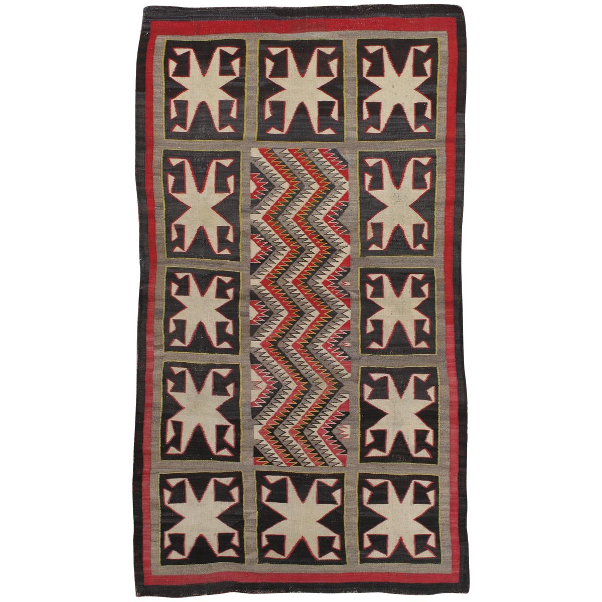 Antique Navajo Rug, Handmade Wool Oriental Rug, Red, Beige and Brown