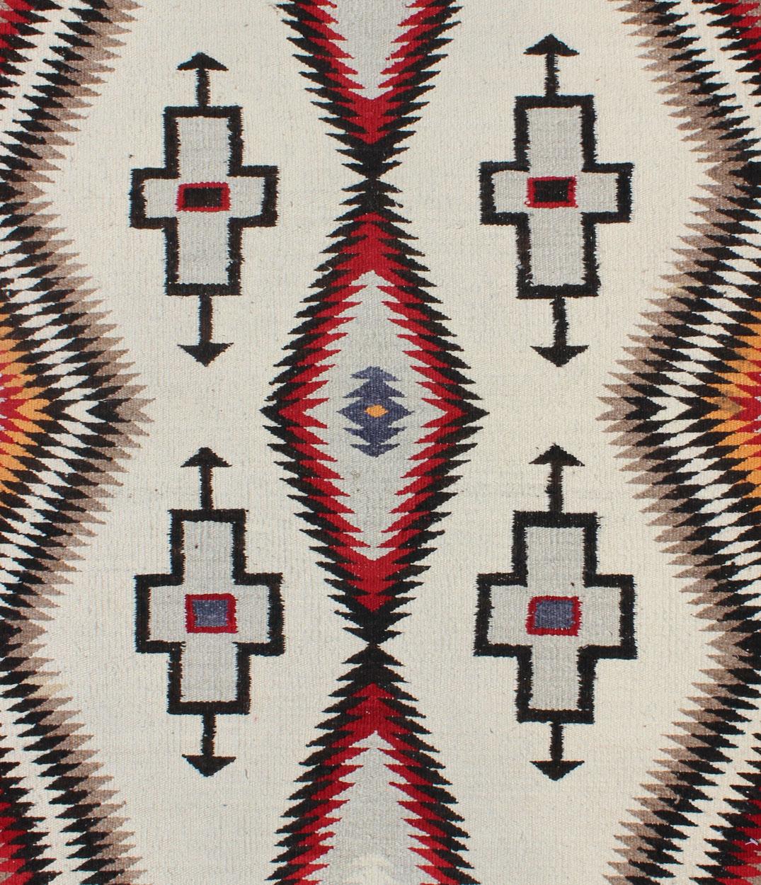 Hand-Woven Antique Navajo Rug in Gray, Ivory, Black, Orange, and Red For Sale