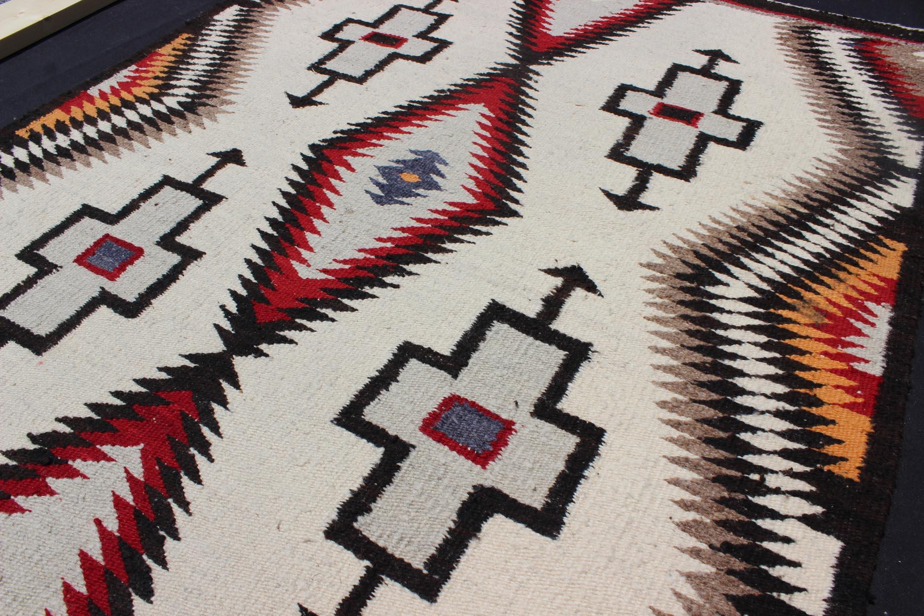 Antique Navajo Rug in Gray, Ivory, Black, Orange, and Red In Good Condition For Sale In Atlanta, GA