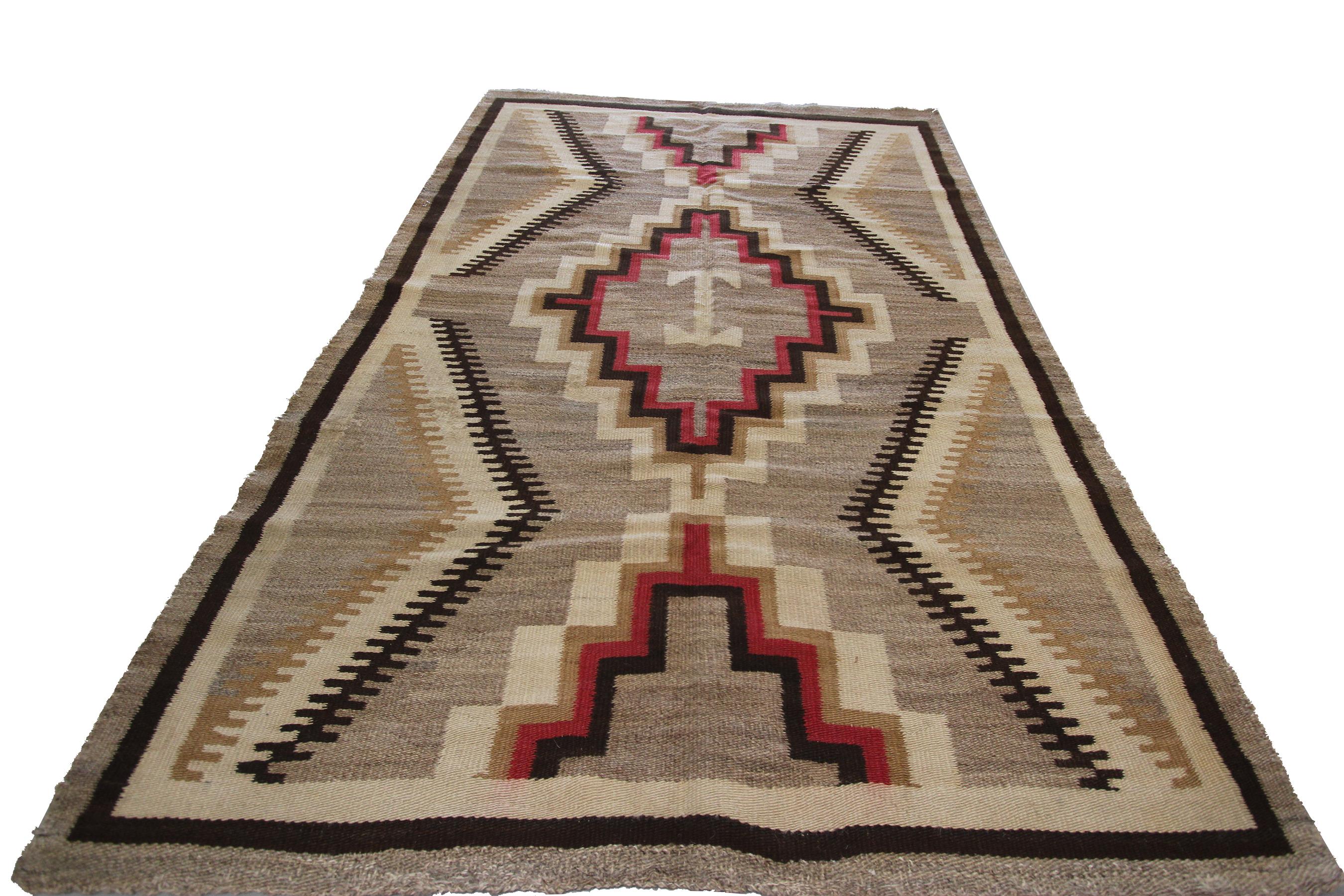 Hand-Knotted Antique Navajo Rug Rare Folk Rug Geometric Handmade Wool Beige 1920