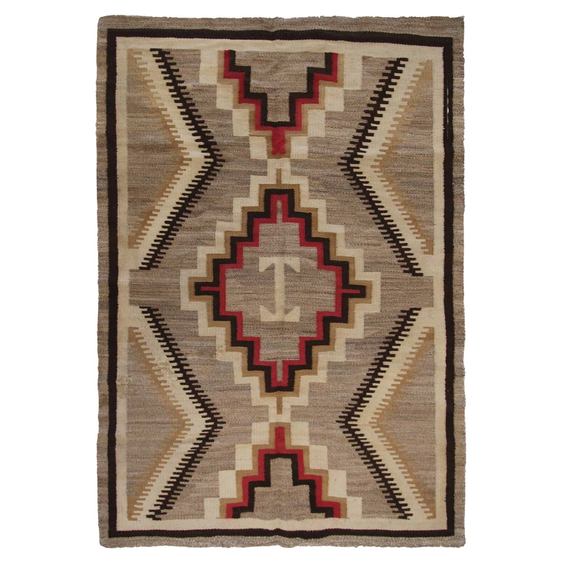 Antique Navajo Rug Rare Folk Rug Geometric Handmade Wool Beige 1920