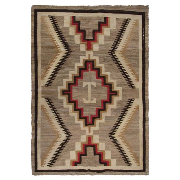 Antique Navajo Rug Rare Folk Rug Geometric Handmade Wool Beige 1920 at ...