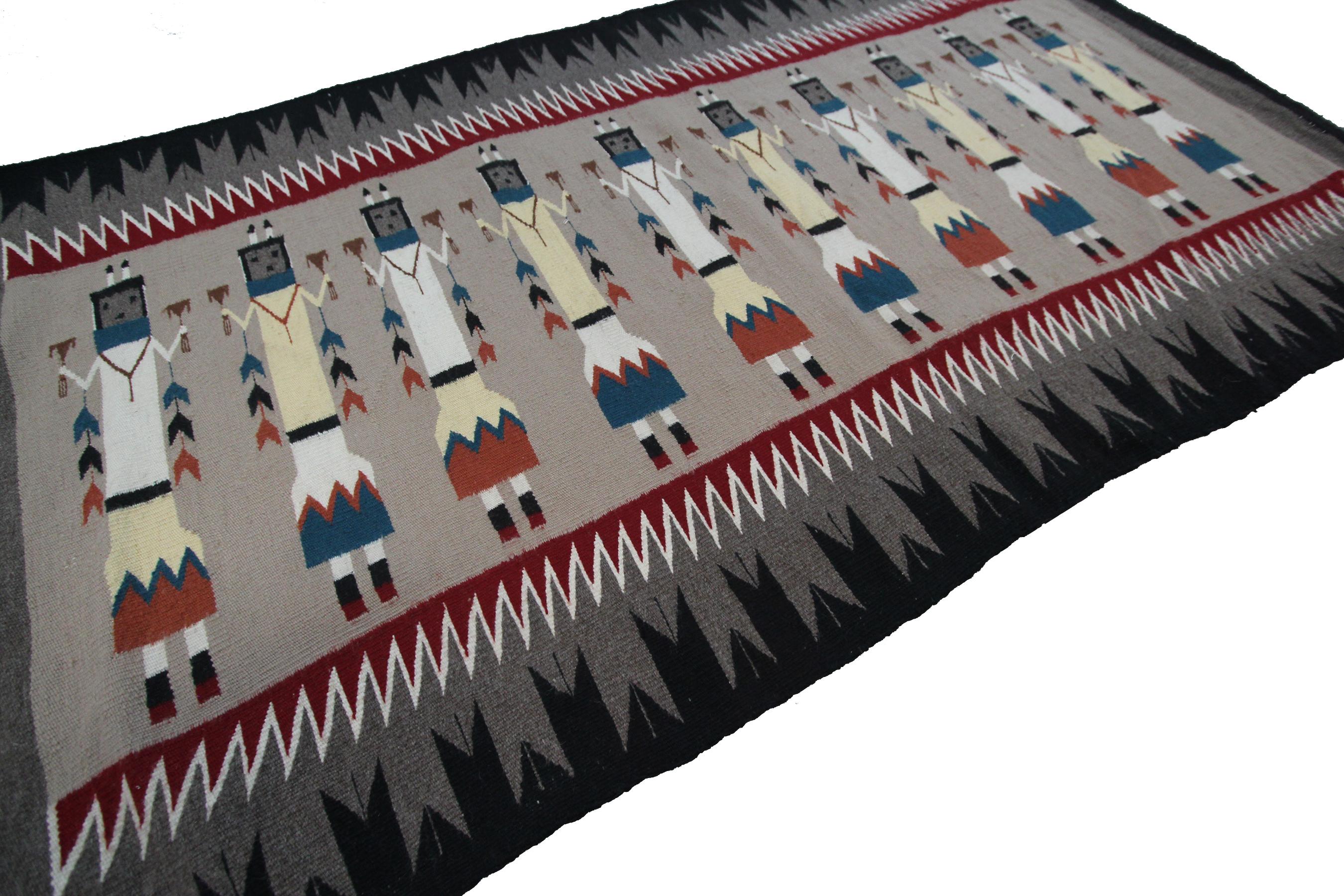 Hand-Knotted Antique Navajo Rug Yei Navajo Rare Human Geometric Handmade Wool 1950