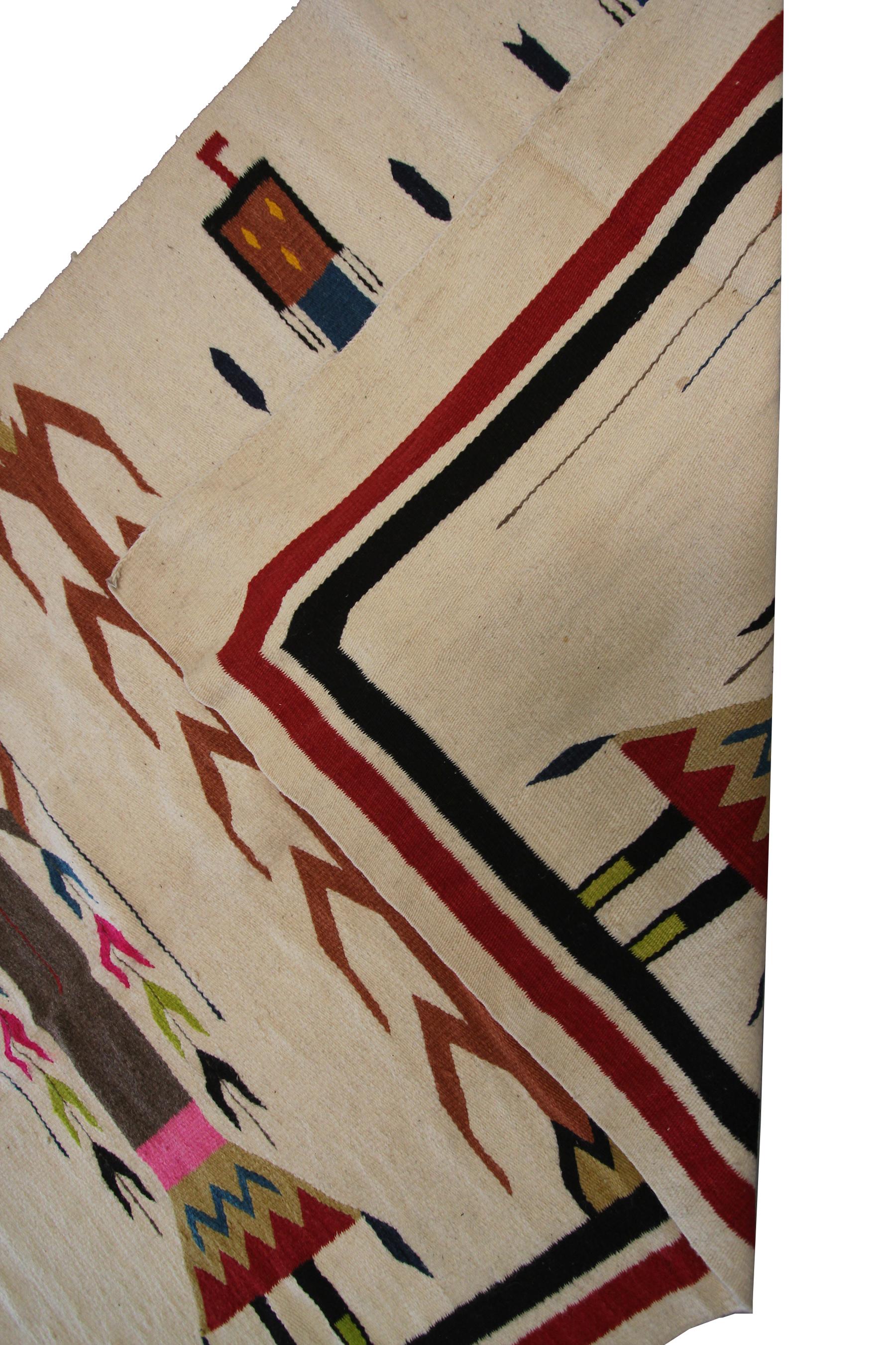 Antique Navajo Rug Yei Navajo Rare Human Geometric Handmade Wool Ivory, 1940 For Sale 2